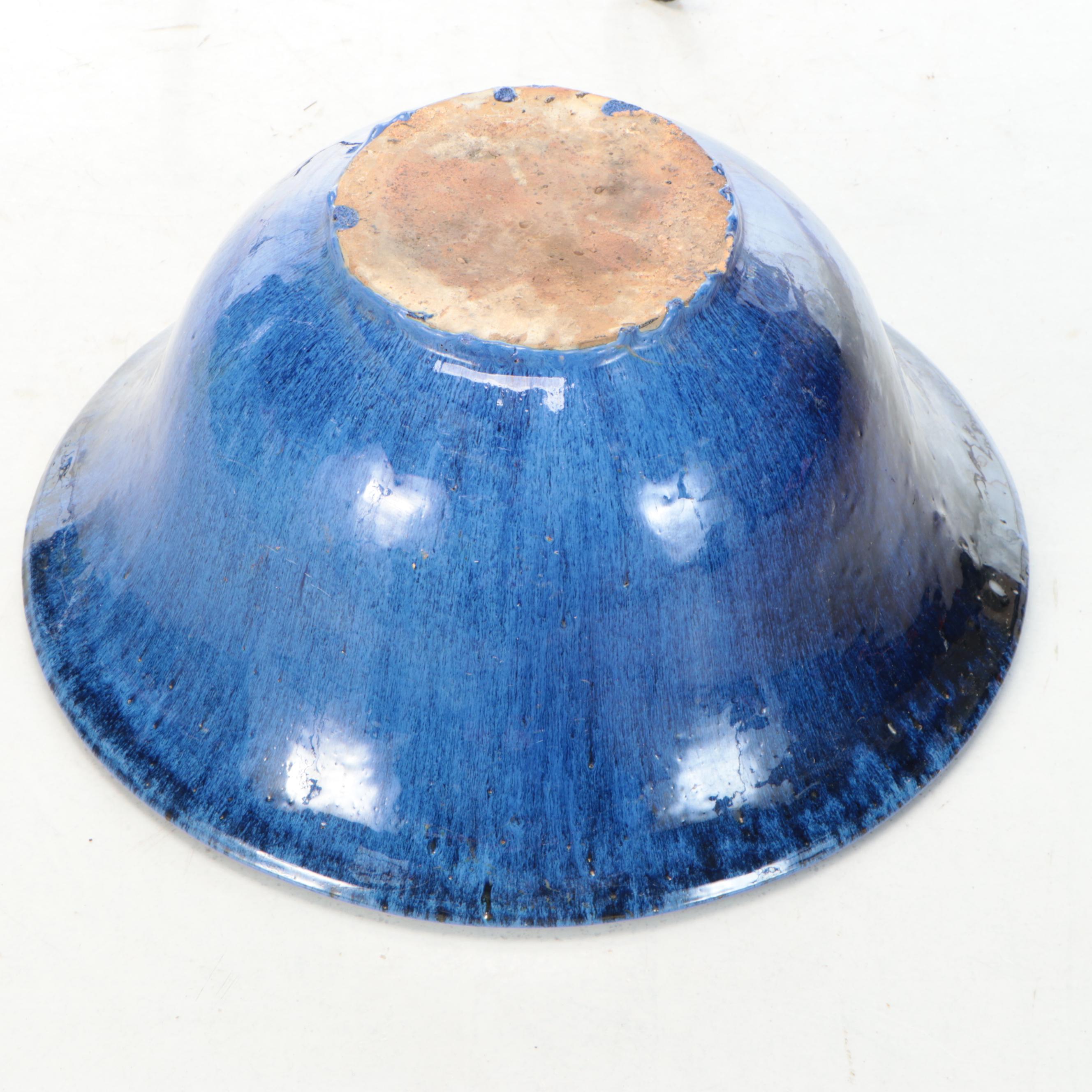 Cobalt Drip Glaze Terracotta Vessel with Wrought Iron Stand