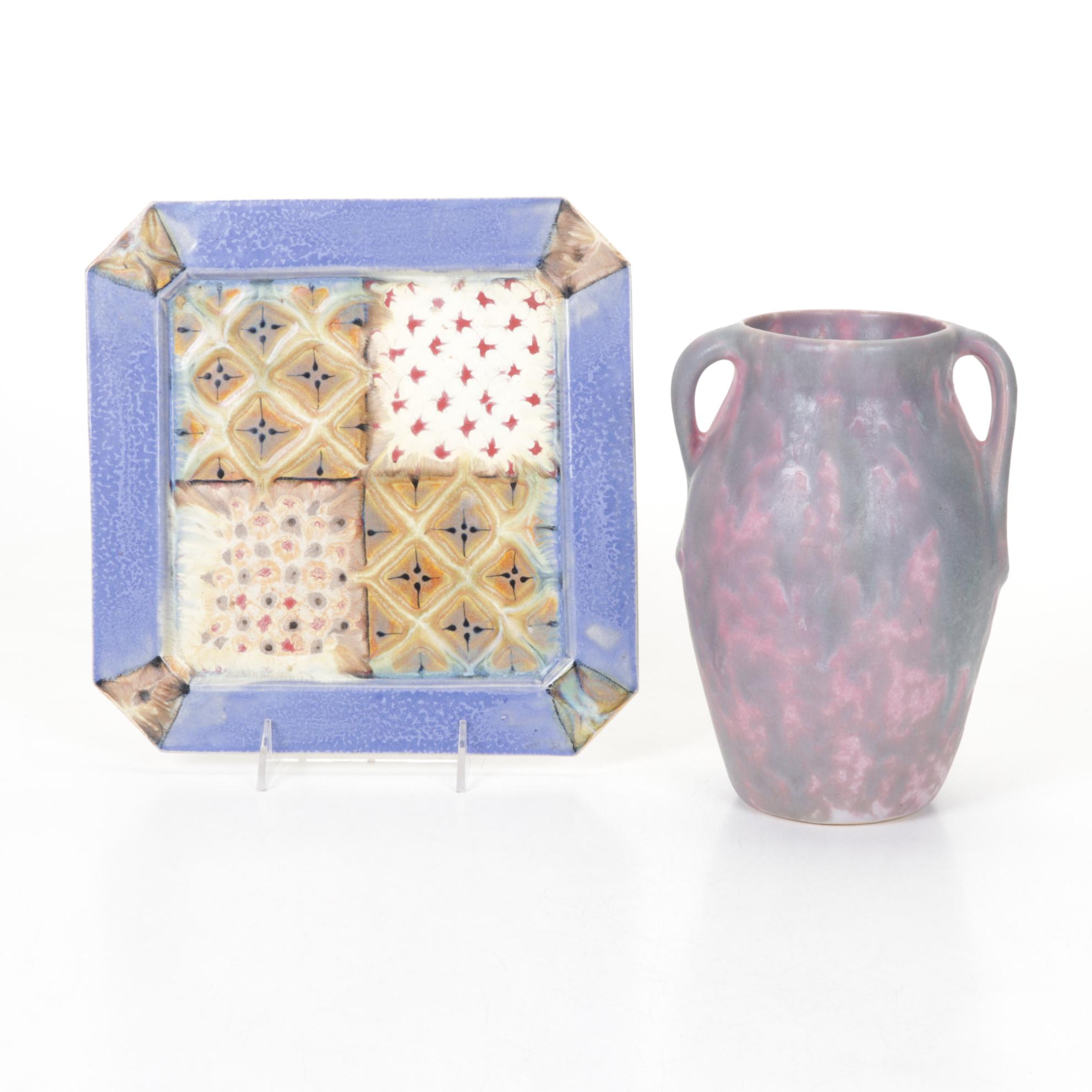Roseville Pottery Two-Handled Vase with Hand Thrown Square Plate