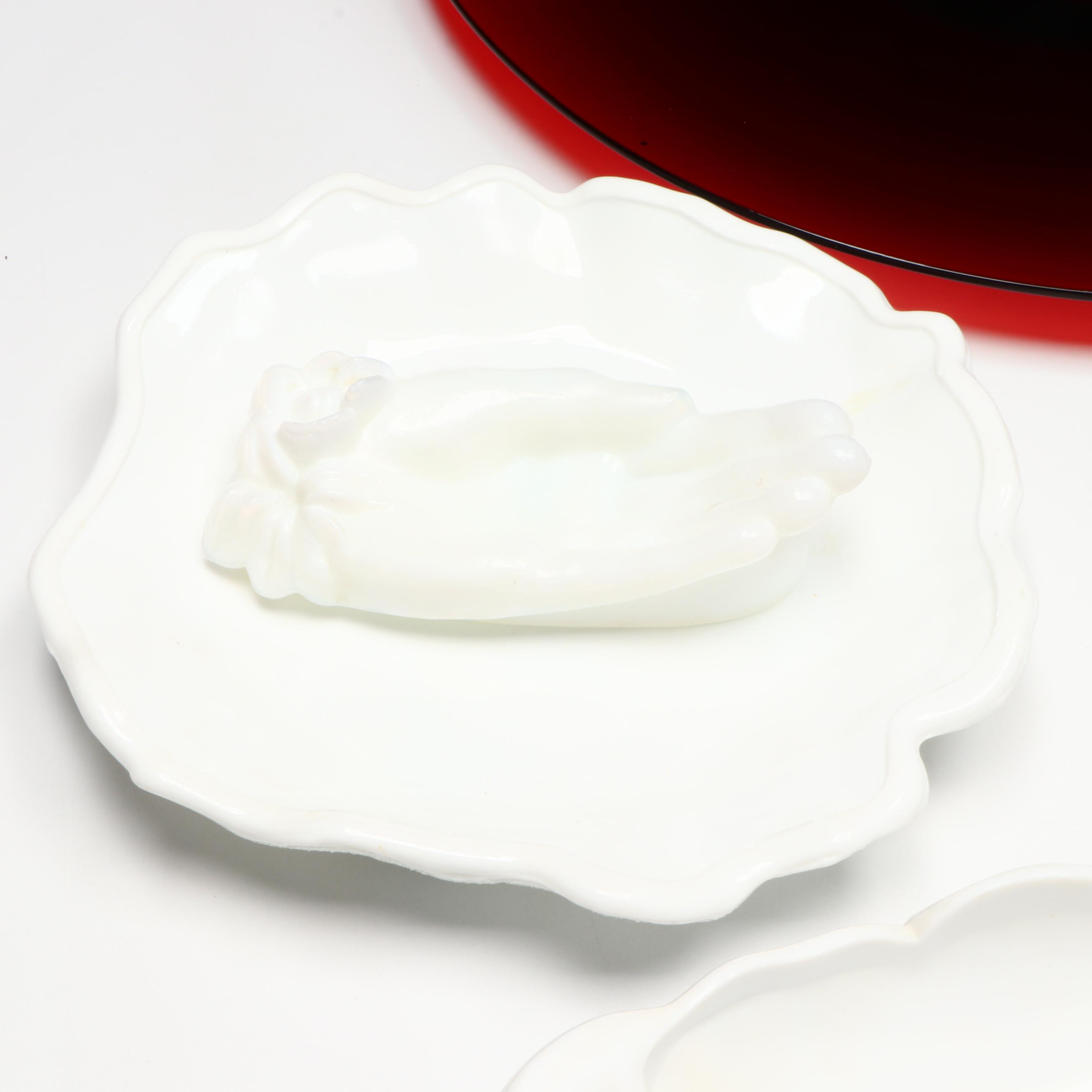 Open Hand Pin Dish and Other Milk Glass Serveware with Red Glass Centerpiece