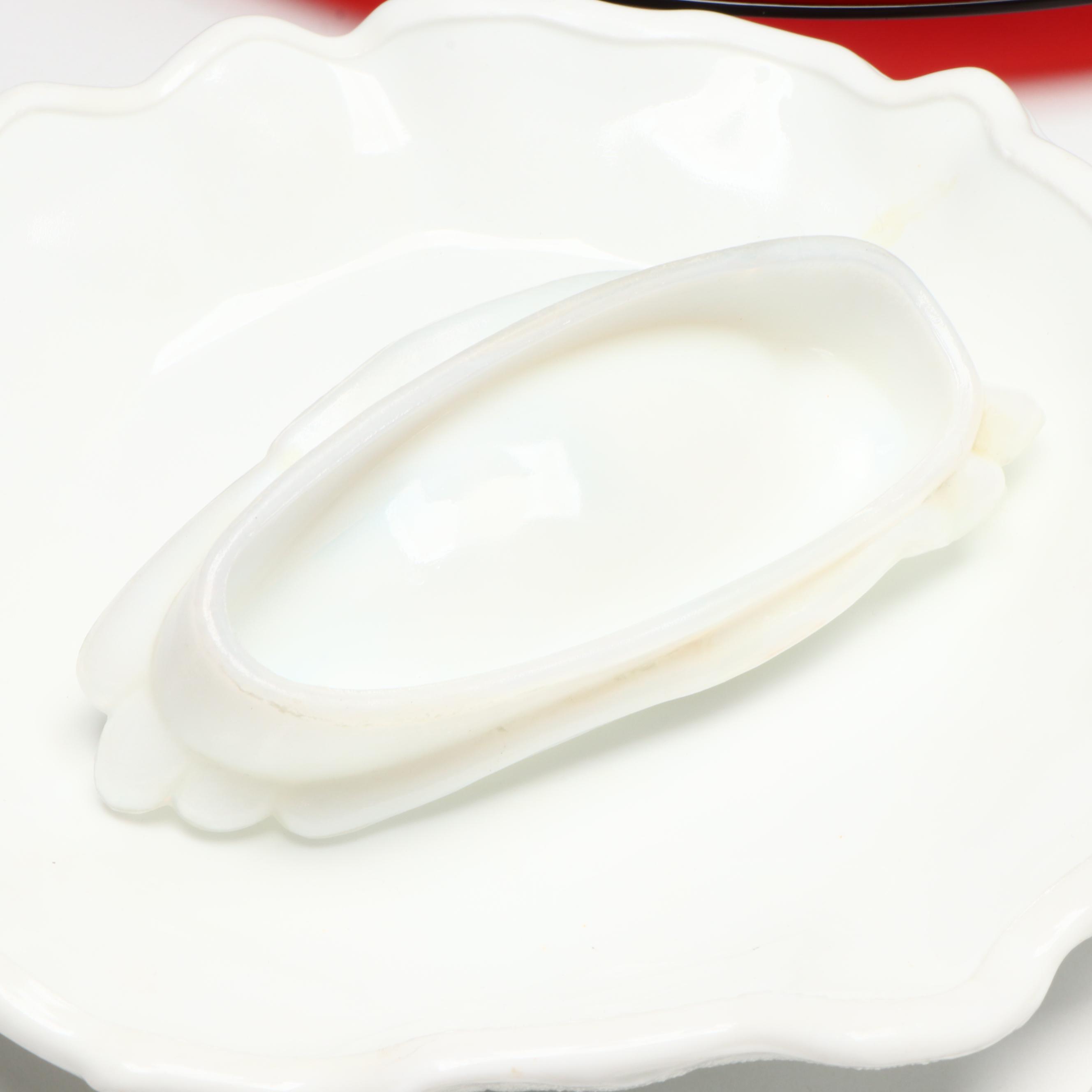 Open Hand Pin Dish and Other Milk Glass Serveware with Red Glass Centerpiece