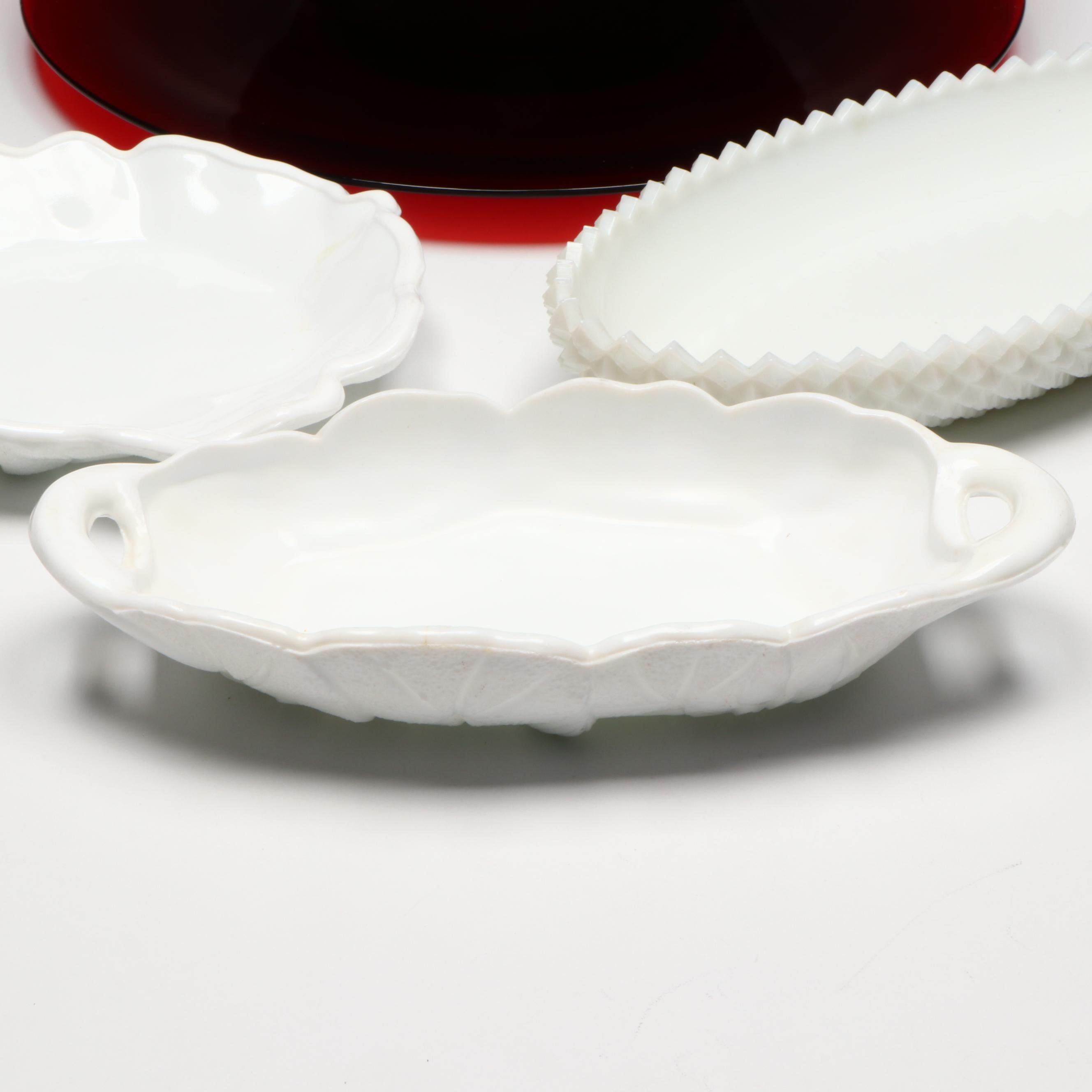 Open Hand Pin Dish and Other Milk Glass Serveware with Red Glass Centerpiece