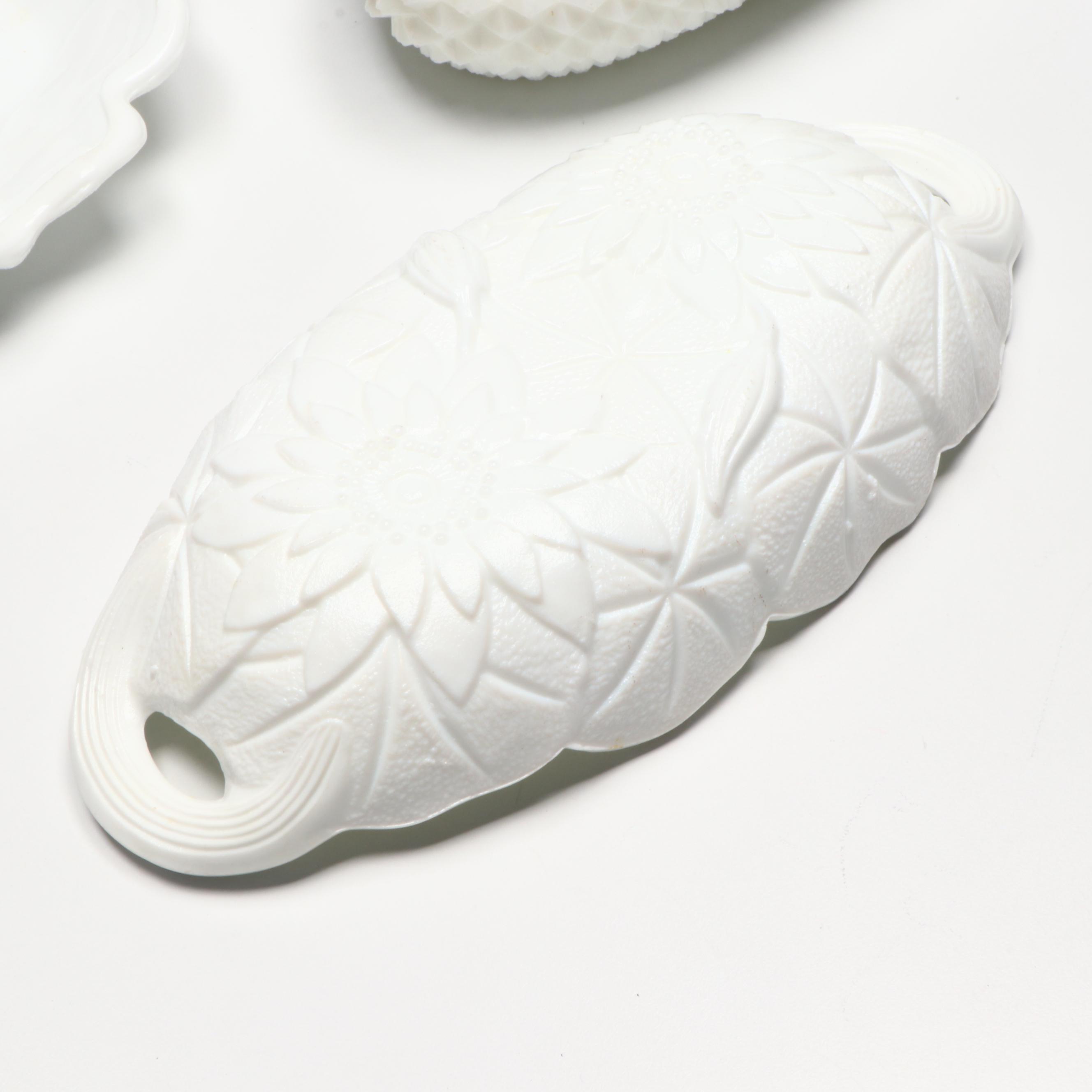 Open Hand Pin Dish and Other Milk Glass Serveware with Red Glass Centerpiece