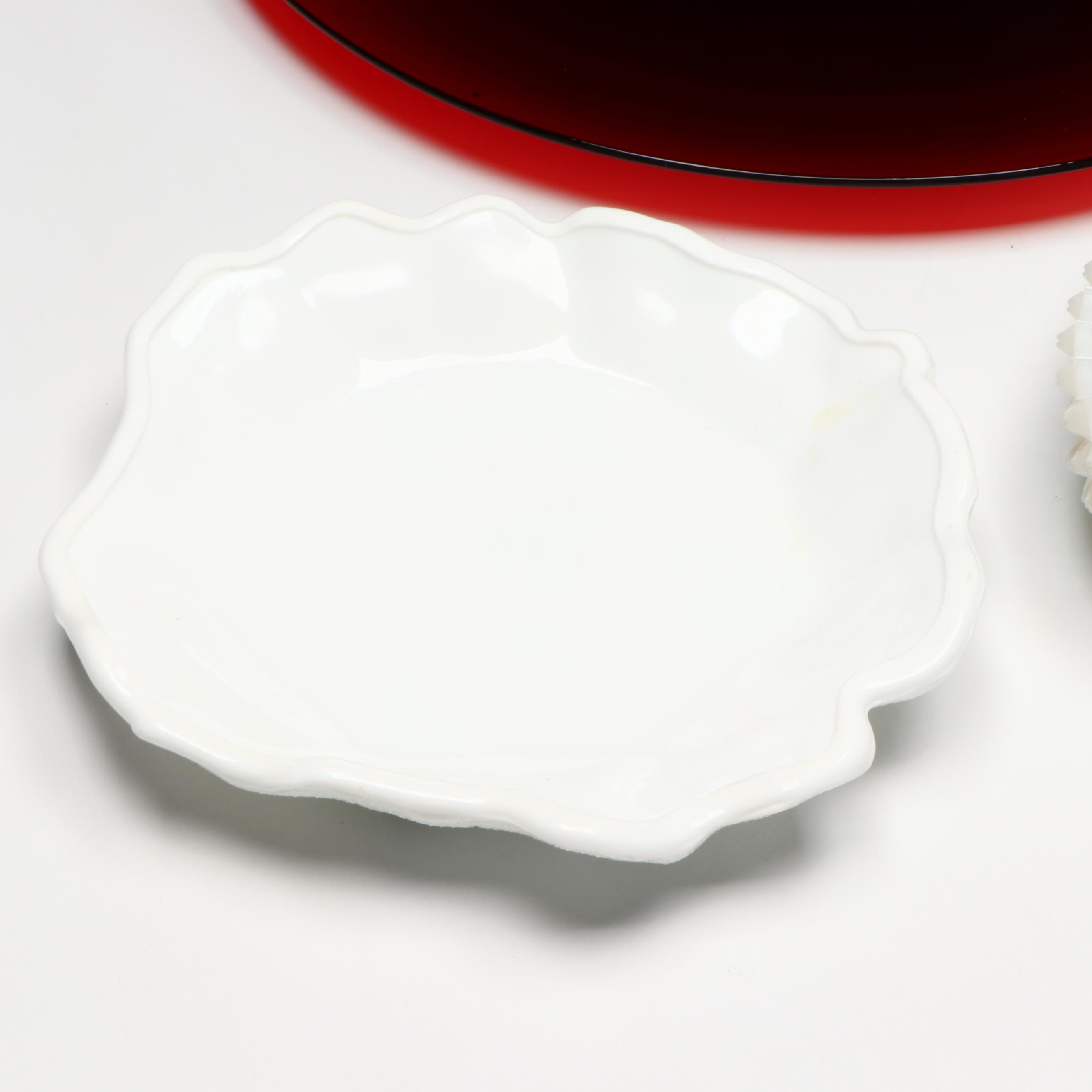 Open Hand Pin Dish and Other Milk Glass Serveware with Red Glass Centerpiece