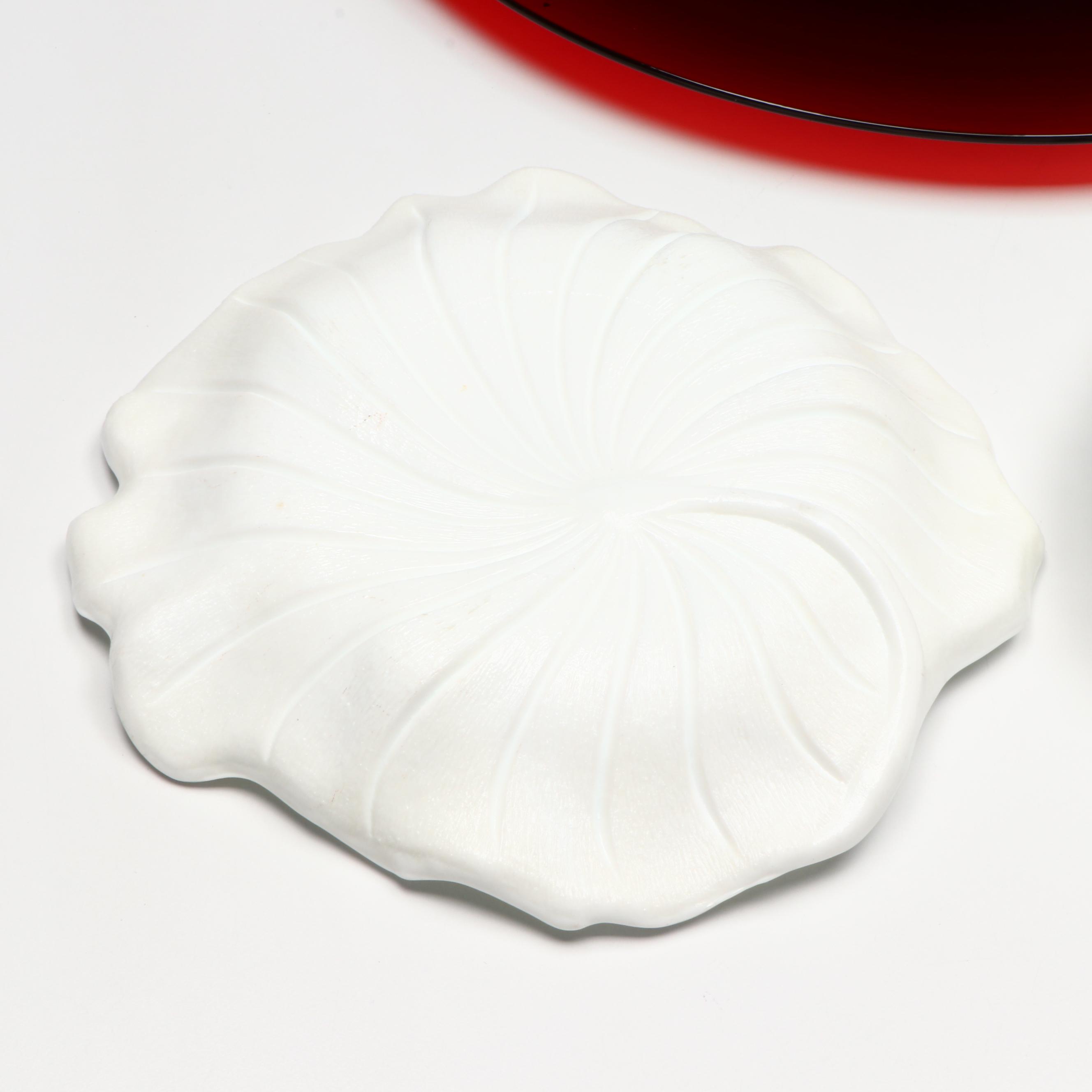 Open Hand Pin Dish and Other Milk Glass Serveware with Red Glass Centerpiece