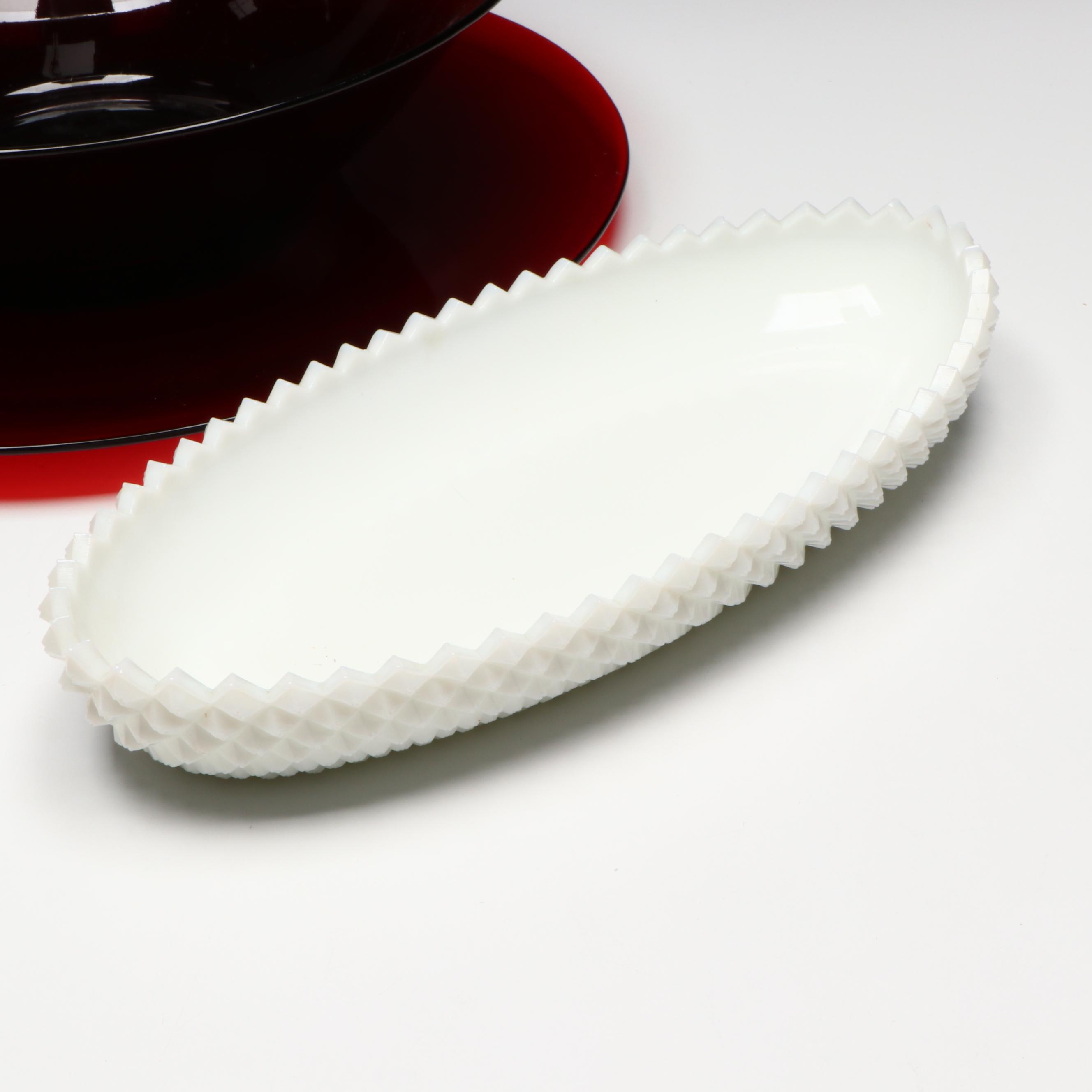 Open Hand Pin Dish and Other Milk Glass Serveware with Red Glass Centerpiece