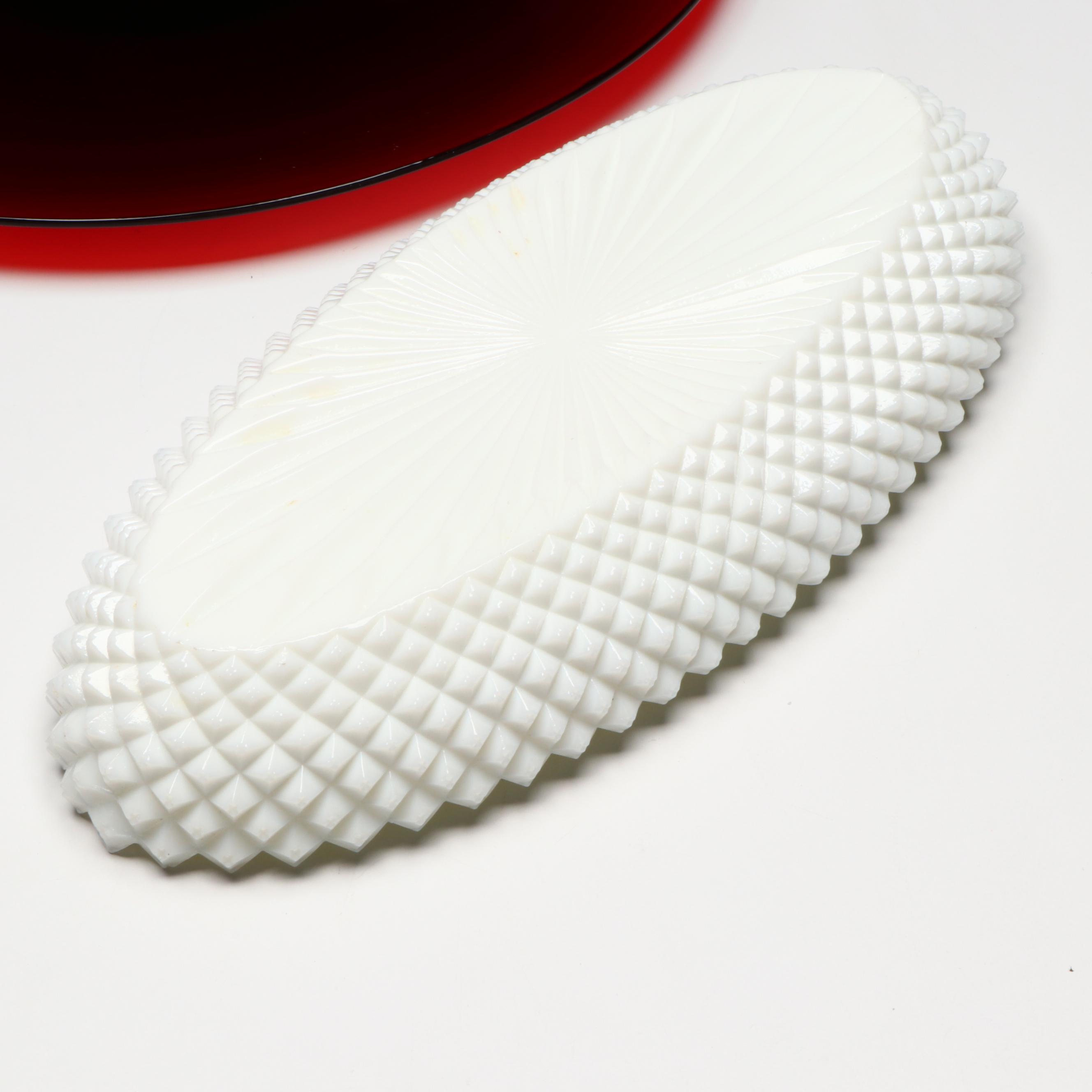 Open Hand Pin Dish and Other Milk Glass Serveware with Red Glass Centerpiece
