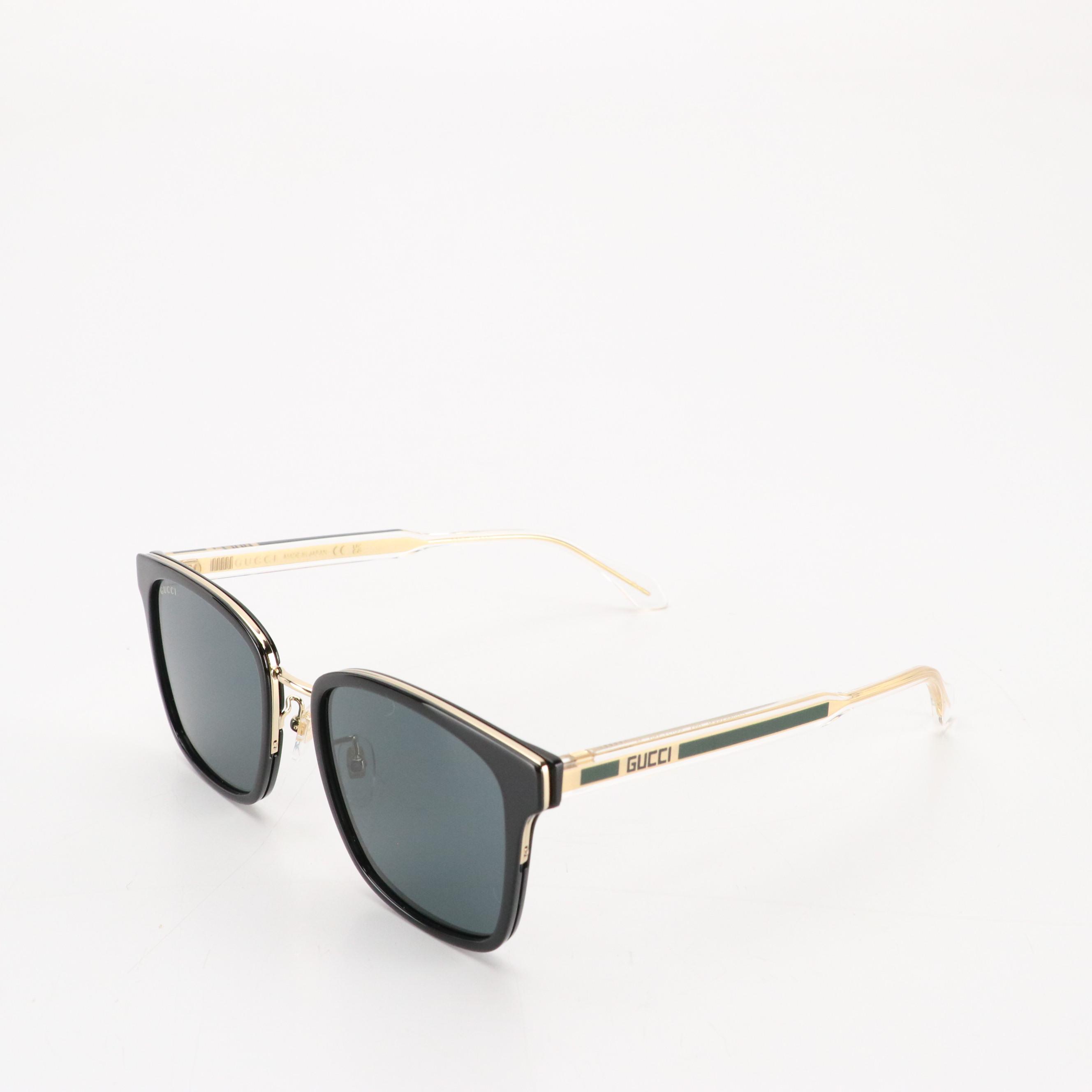 Men's Gucci GG056SKN Black Square Crystal Gray Lens Sunglasses with Case