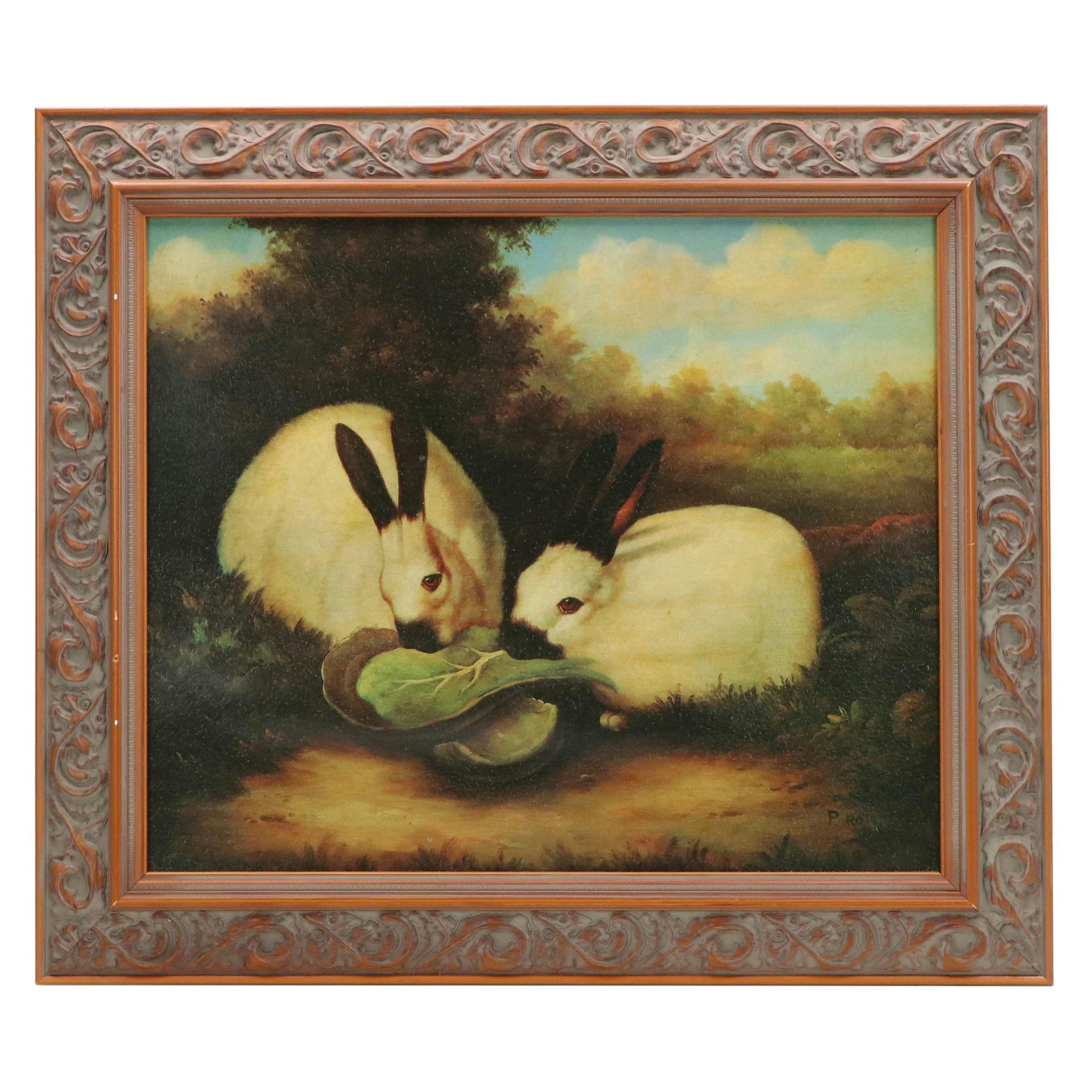 Embellished Offset Lithograph of Rabbits Sharing Cabbage, 20th Century