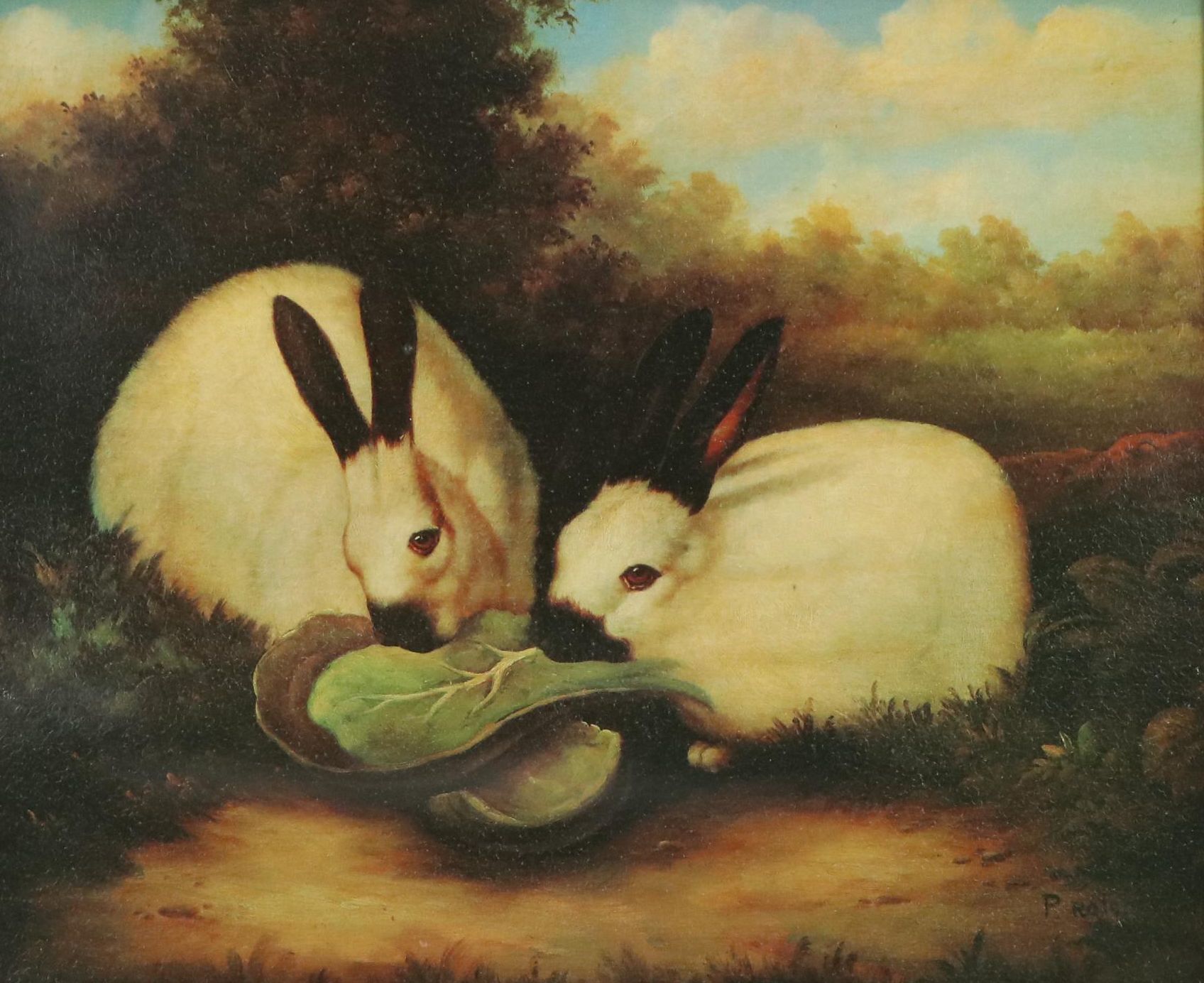 Embellished Offset Lithograph of Rabbits Sharing Cabbage, 20th Century