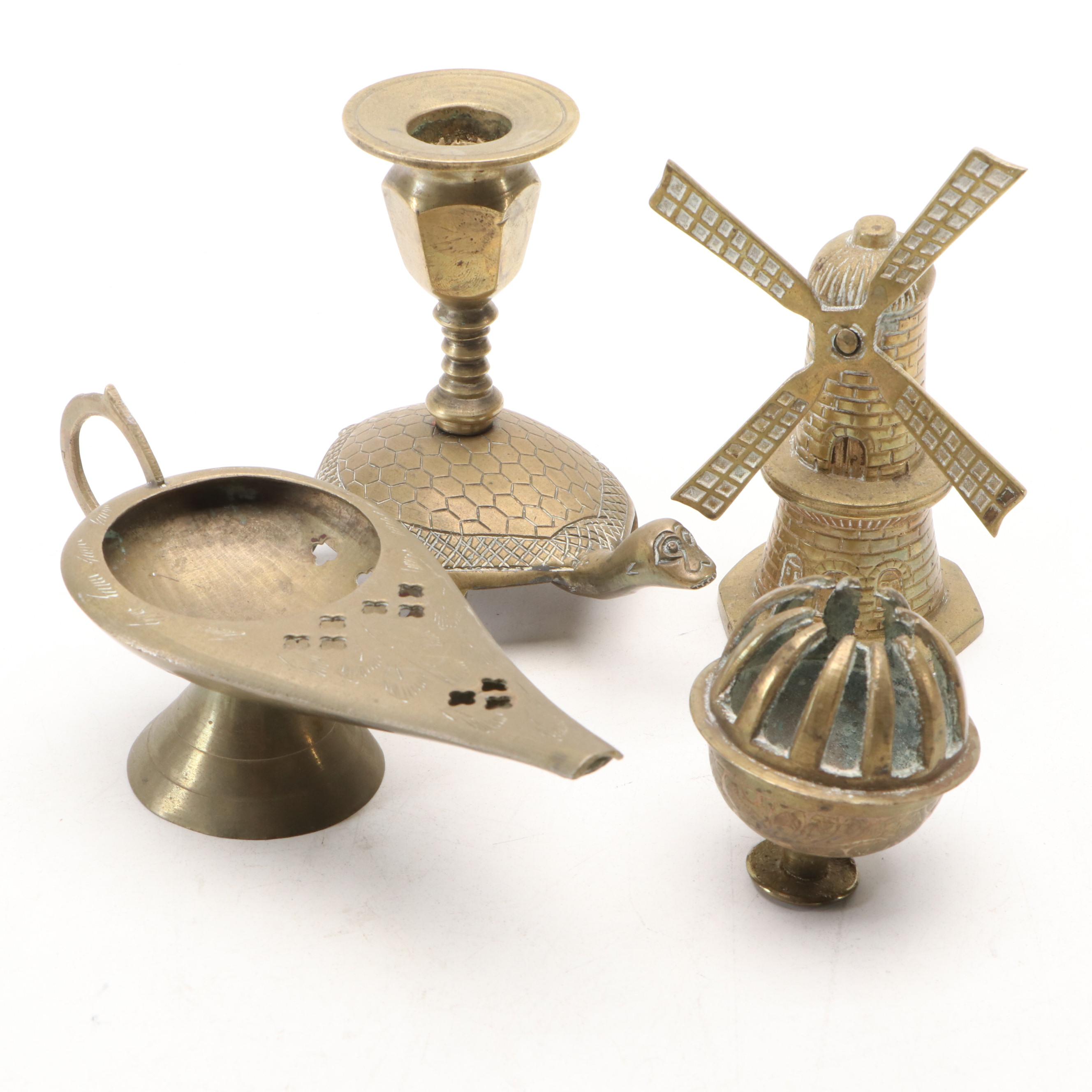 Brass Engraved Turtle Candle Holder with Decorative Bells and Other Brass Décor