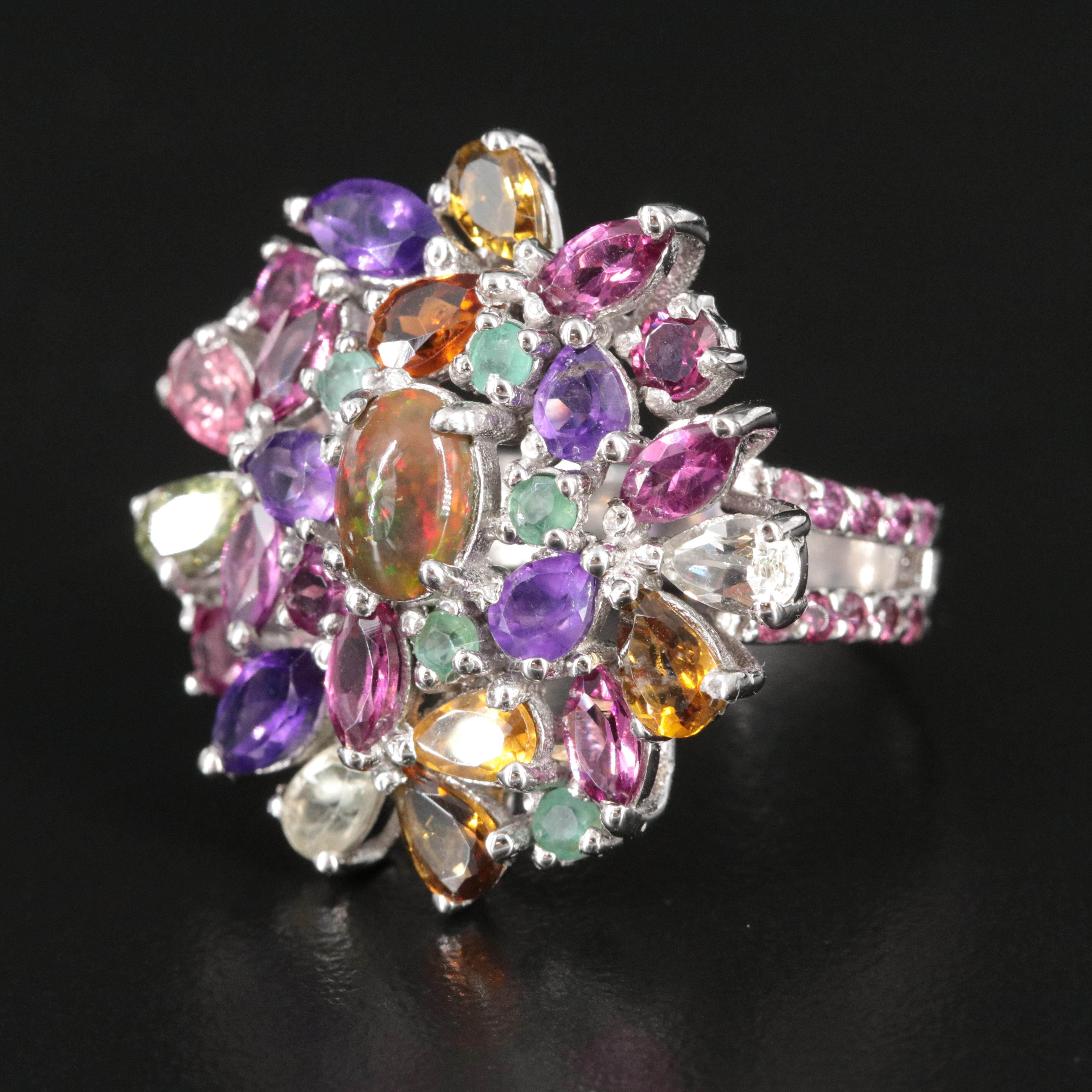 Sterling Opal, Amethyst and Tourmaline Cluster Ring