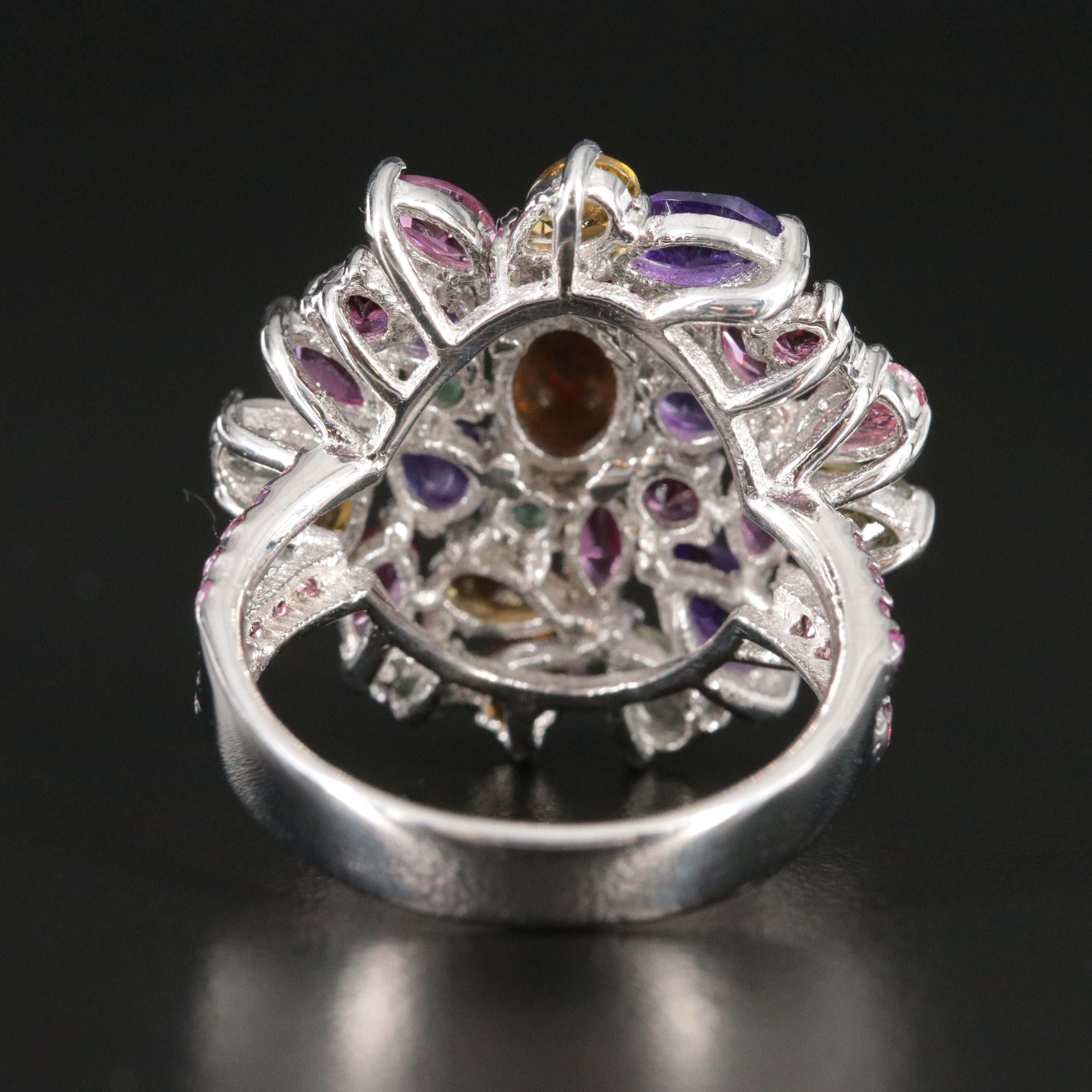 Sterling Opal, Amethyst and Tourmaline Cluster Ring