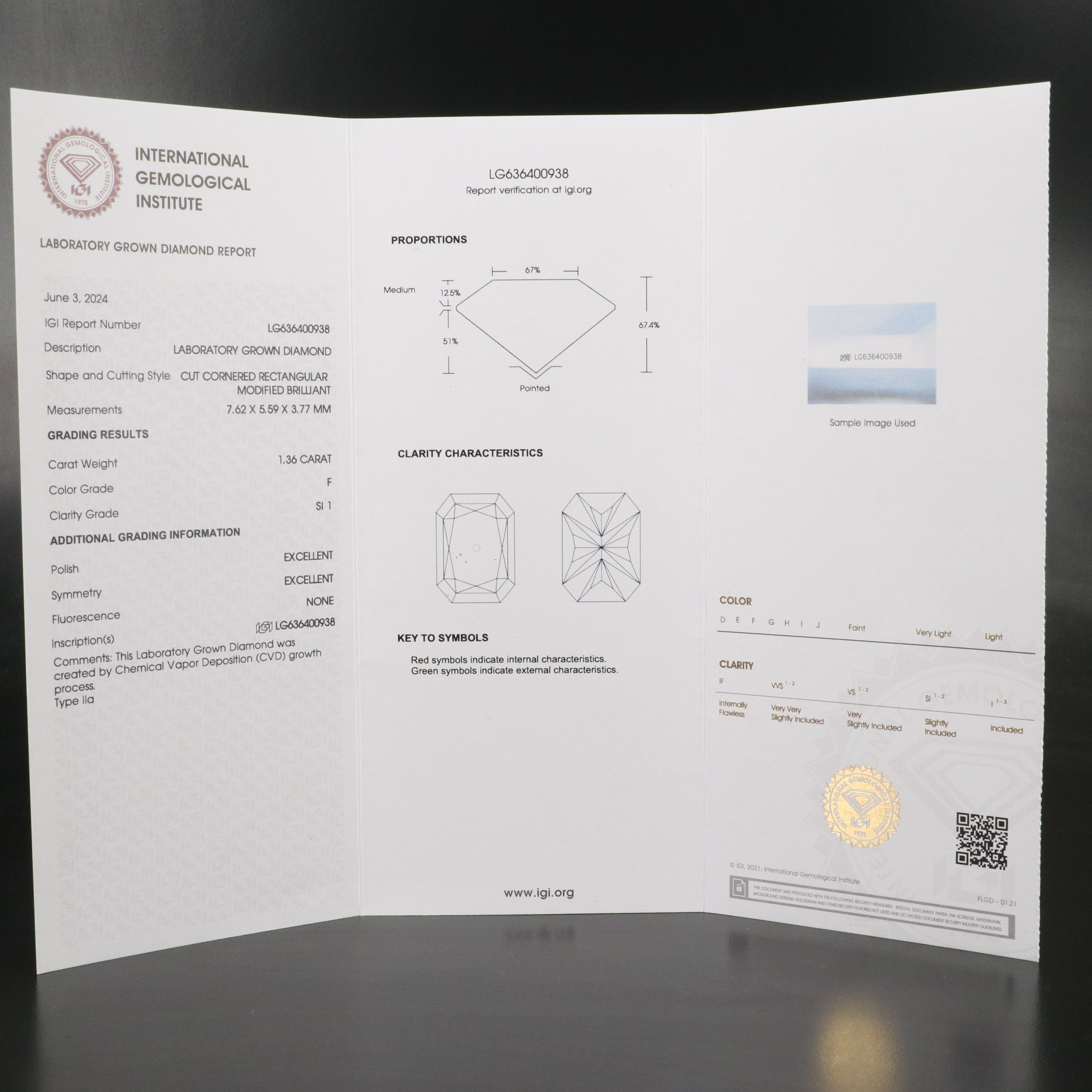 Loose 1.36 CT Lab Grown Diamond with IGI Report