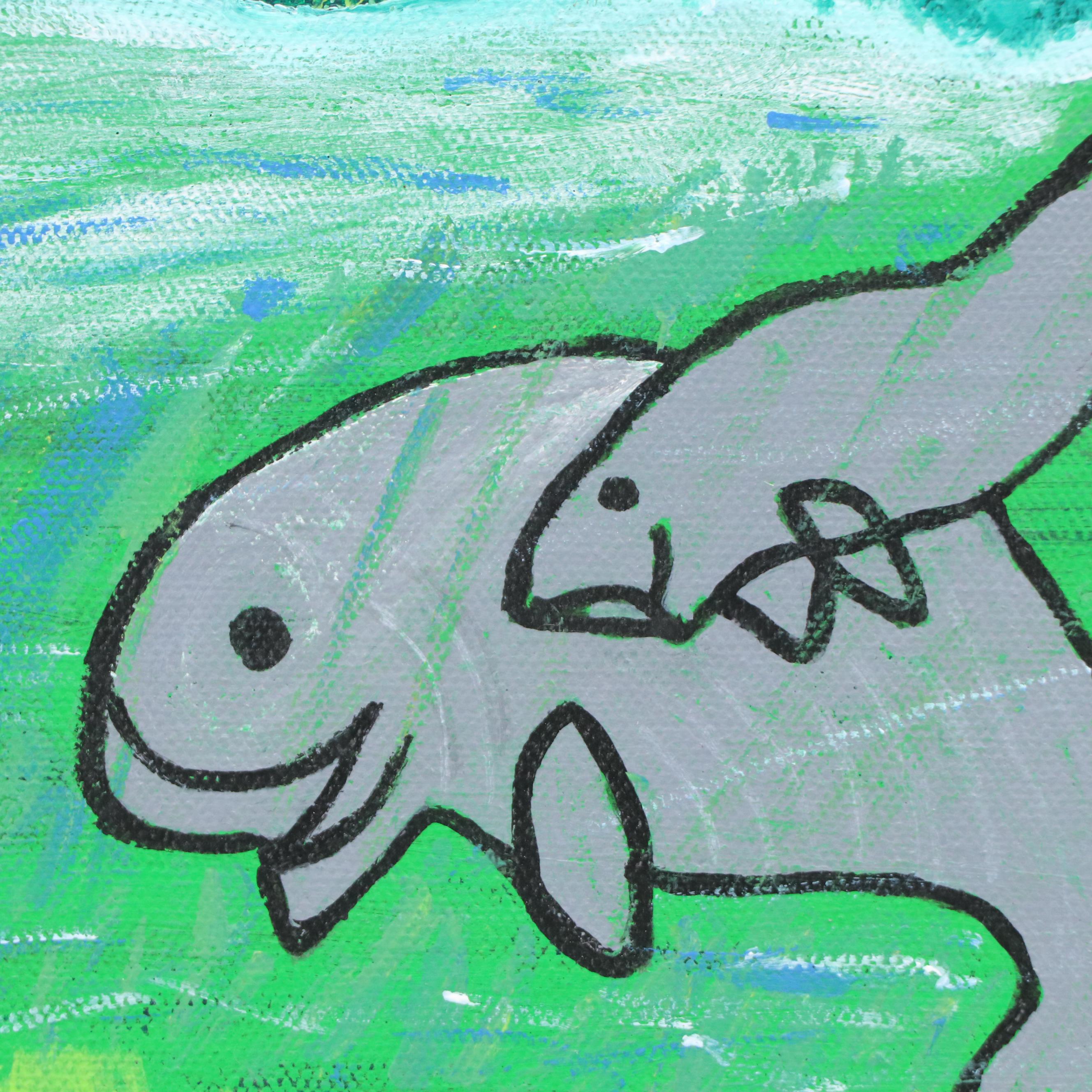 Kay Creek Stylized Acrylic Painting of Manatees, 21st Century