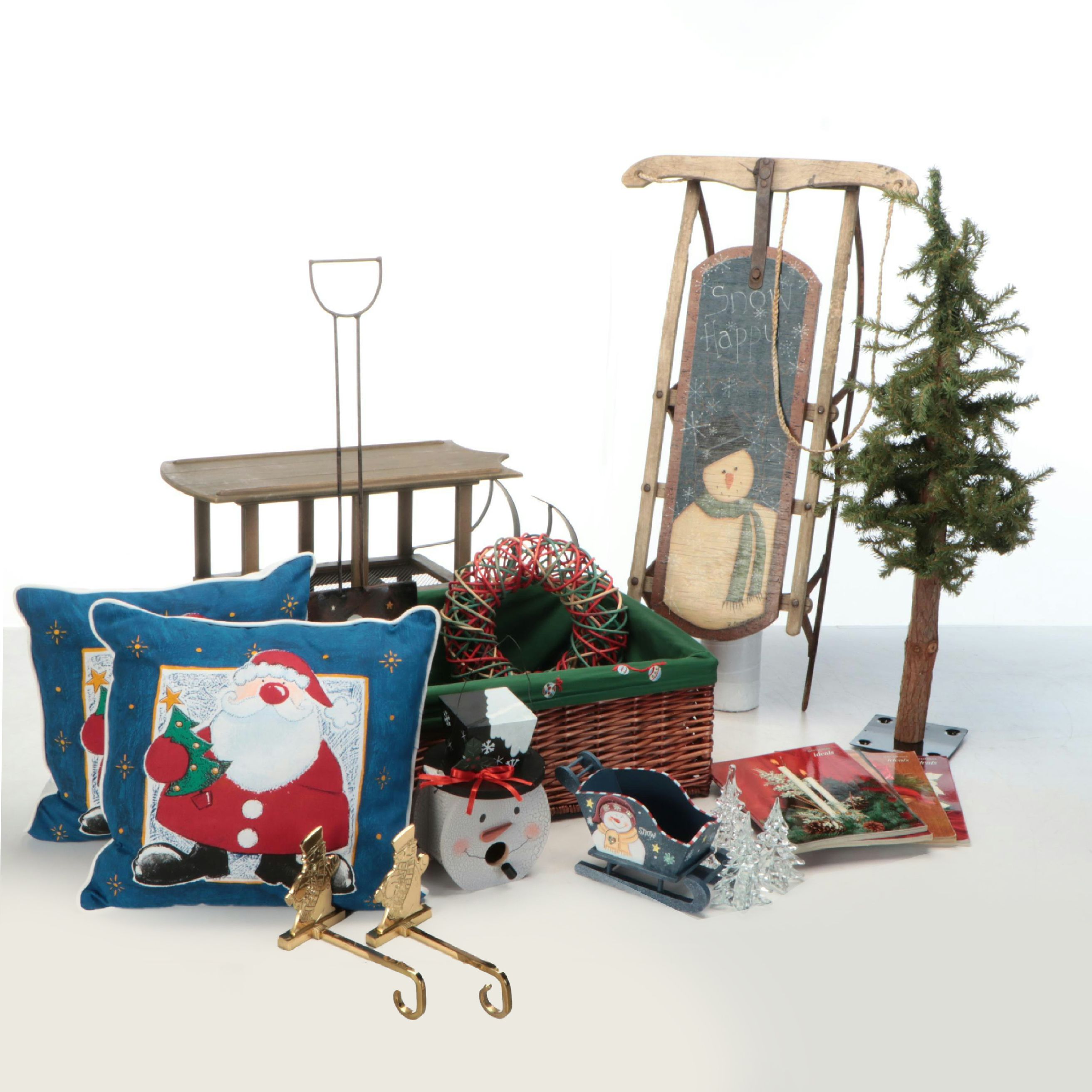 Primitive Style Christmas Sled, Table, Miniature Tree, Pillows and More