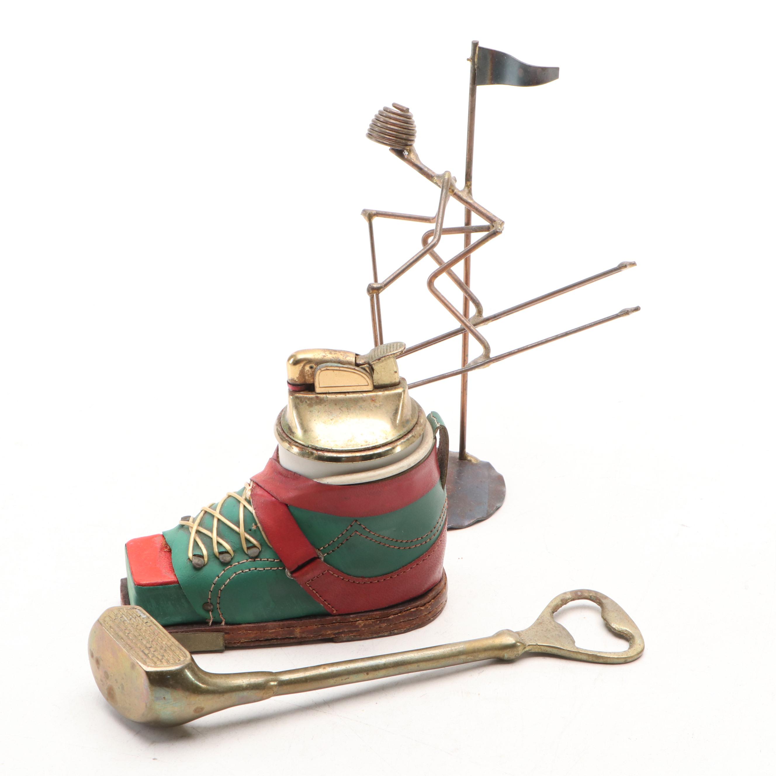 Ski Boot Table Lighter with Brass Golf Club Bottle Opener, Rock Creek Figure