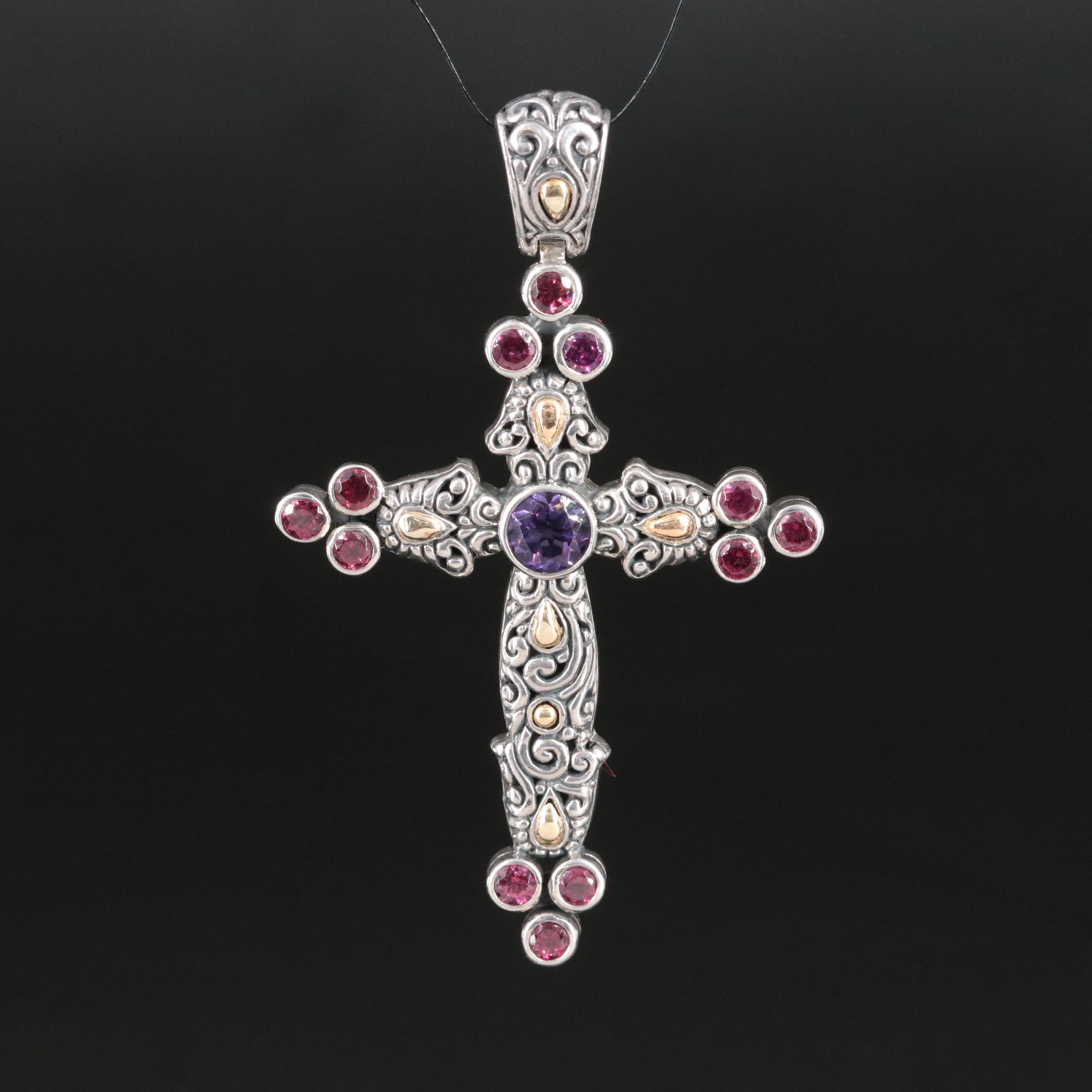 Sterling Amethyst and Garnet Cross Pendant with 18K Accent