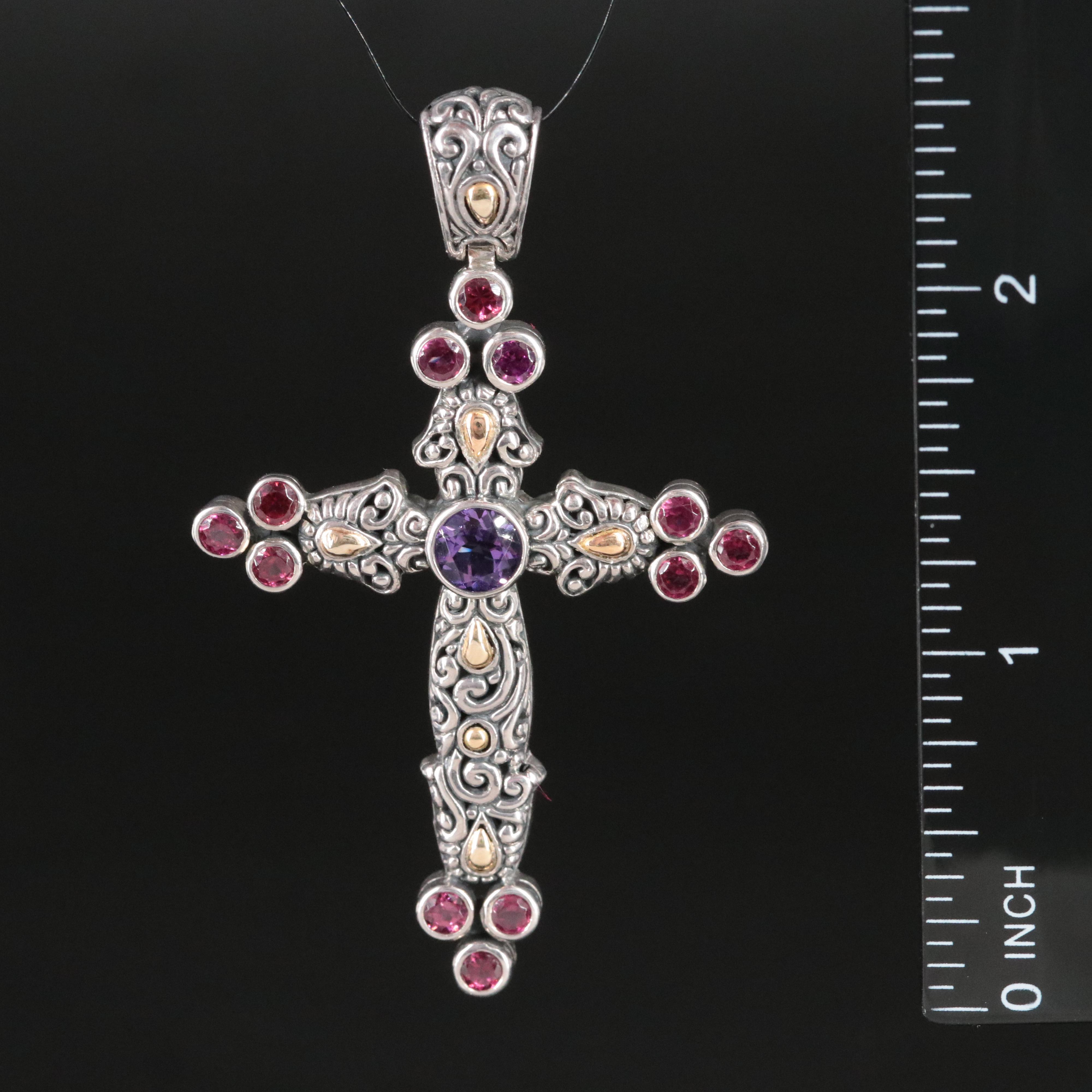 Sterling Amethyst and Garnet Cross Pendant with 18K Accent