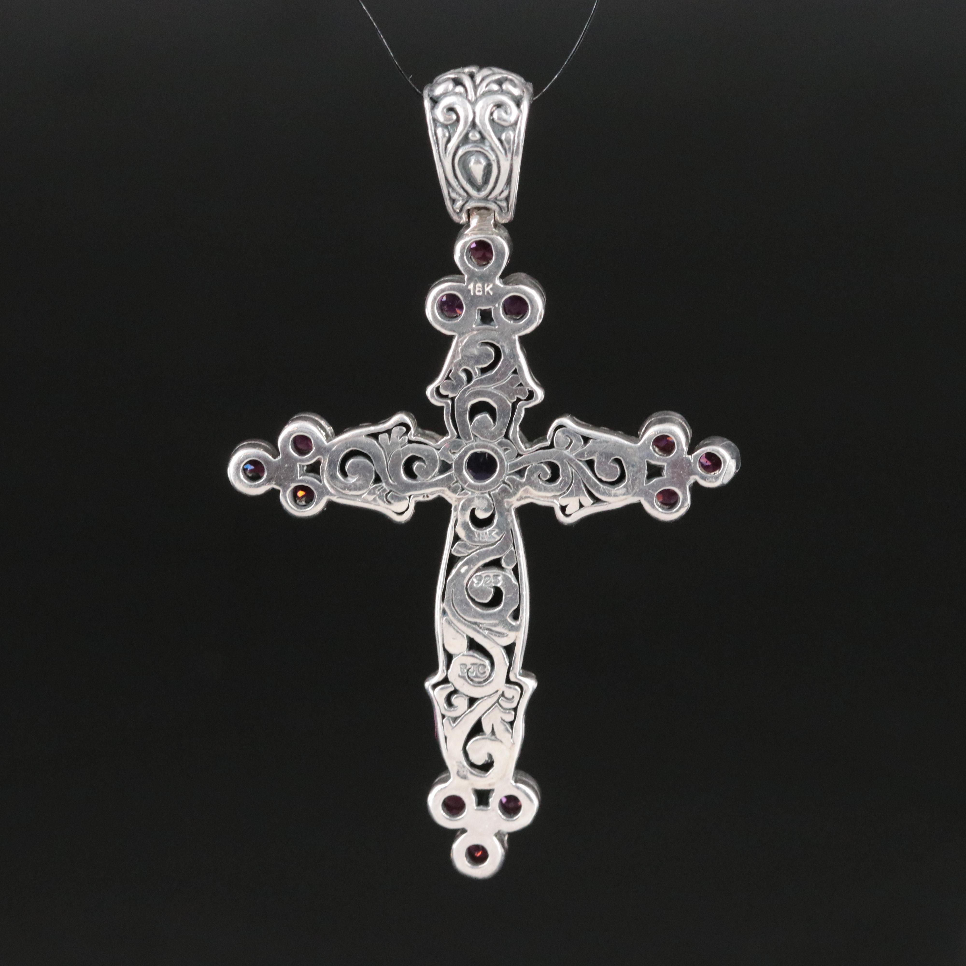 Sterling Amethyst and Garnet Cross Pendant with 18K Accent