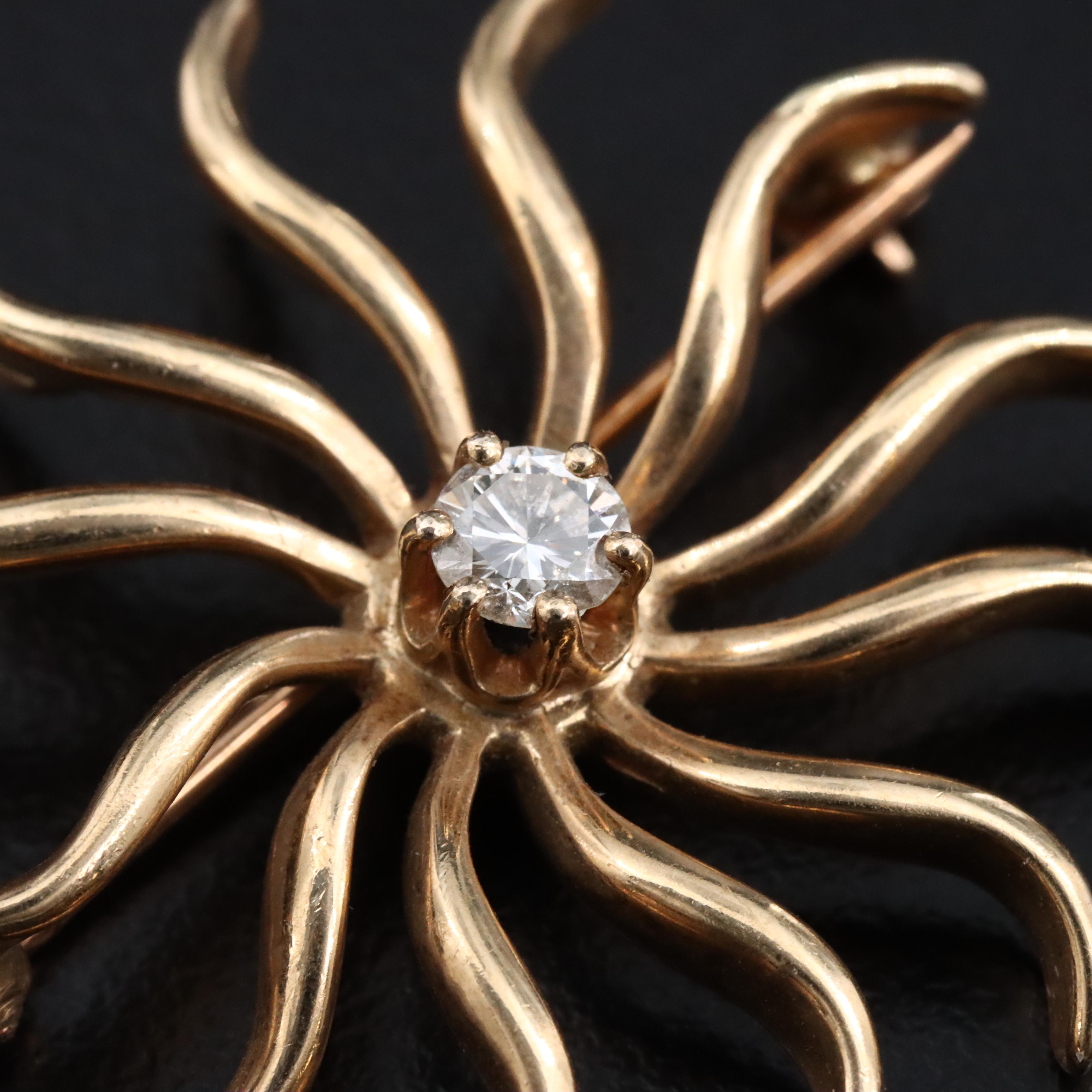 14K 0.22 CT Diamond Sunburst Brooch