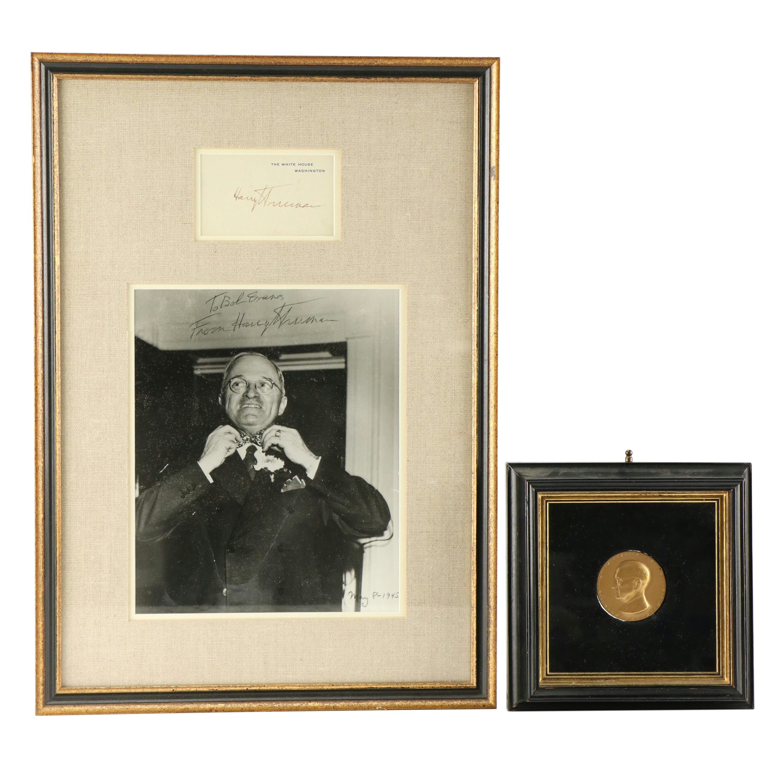 Harry S. Truman Signed Card with Print and Medal, Mid-20th Century