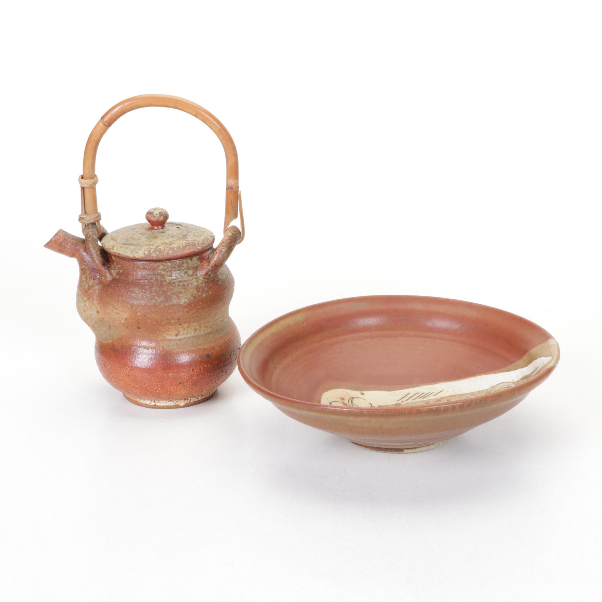 Hand-Thrown Pottery Teapot and Bowl, Late 20th Century