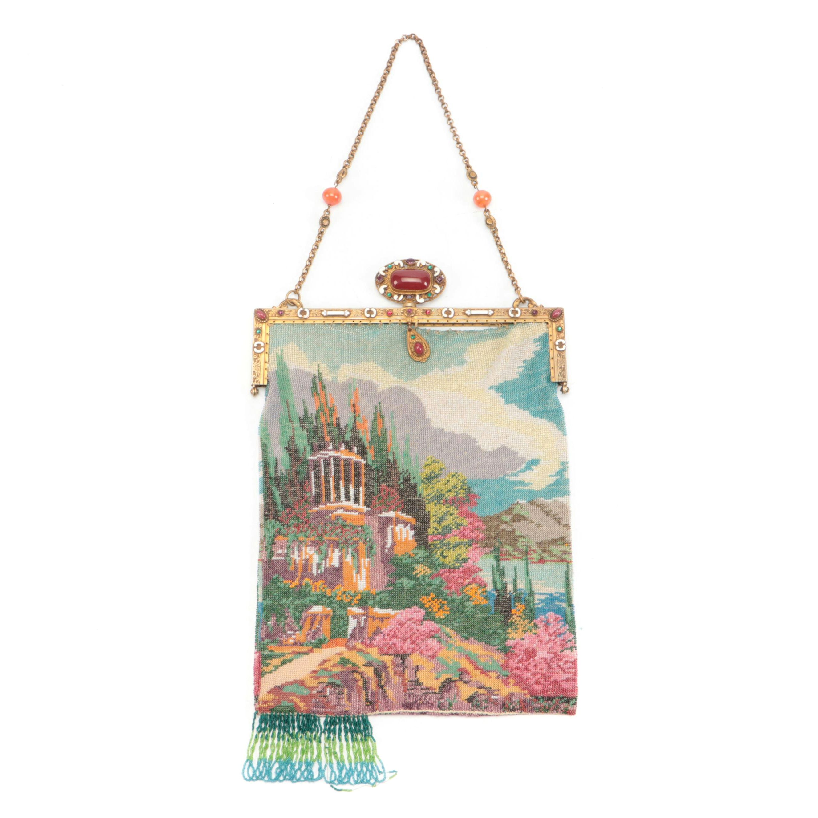 Neoclassical Glass Bead Garden Mosaic Evening Purse with Enameled Frame