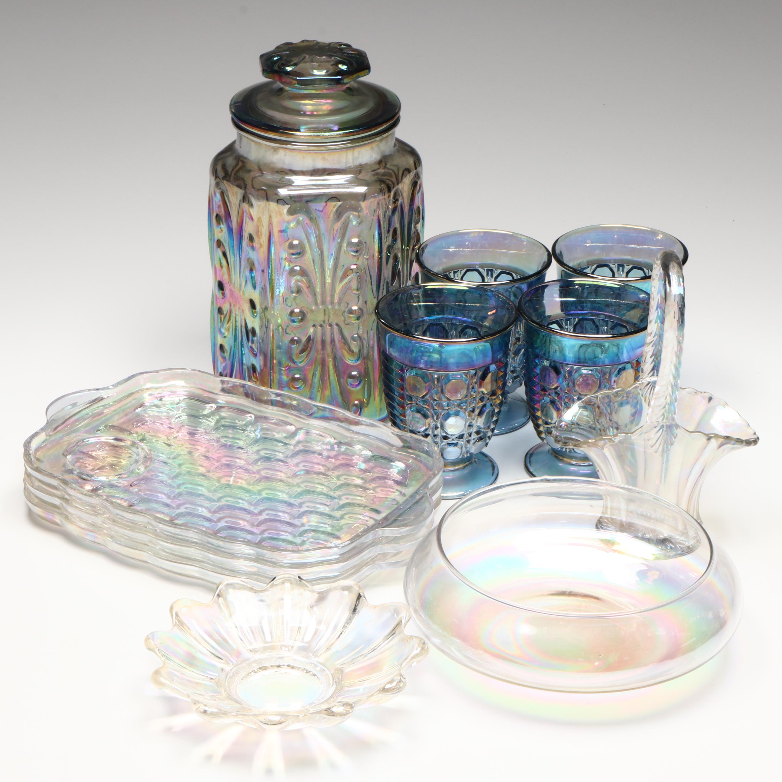 Federal "Colonial" Iridescent Snack Plates with Juice Glasses and More Glassware