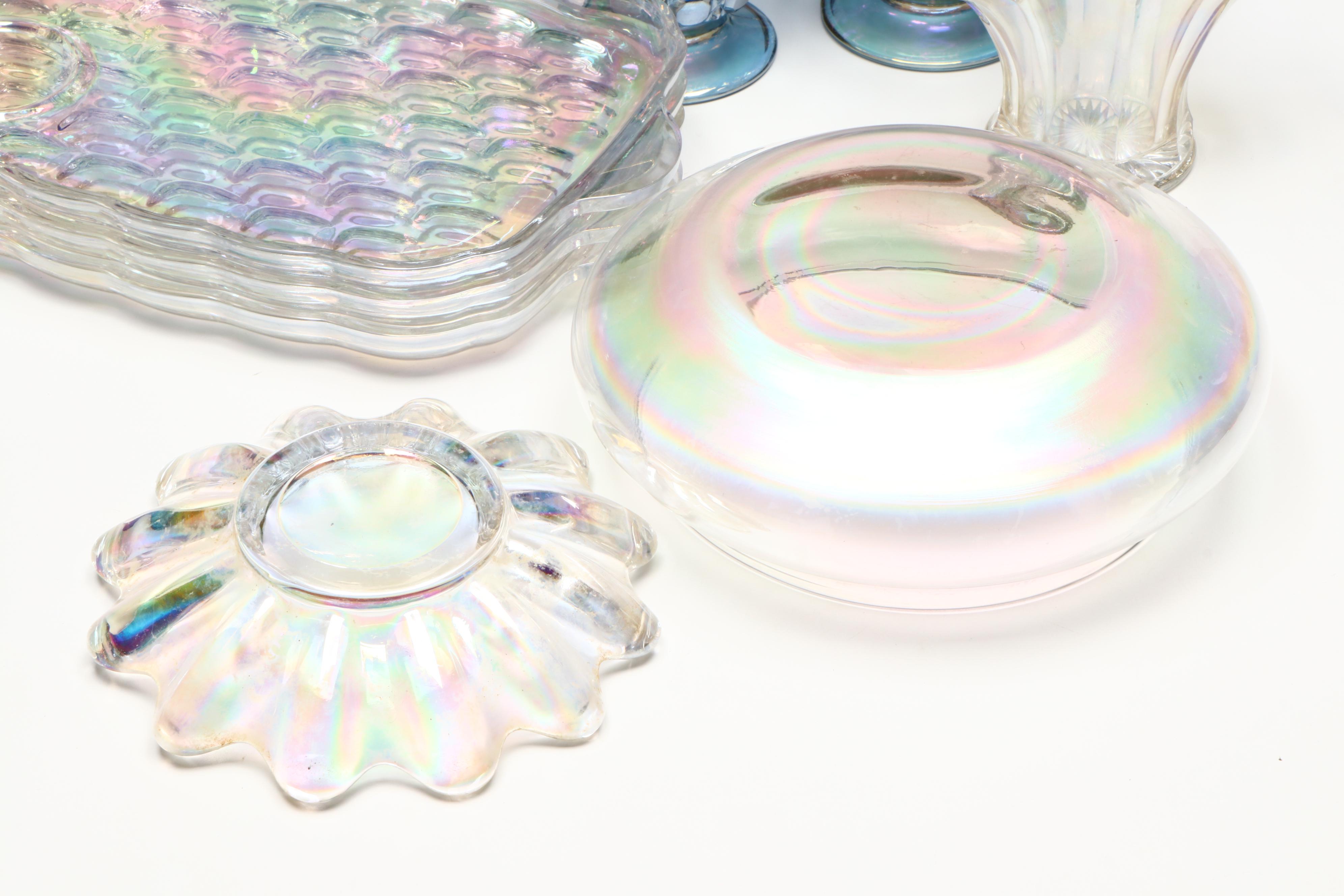 Federal "Colonial" Iridescent Snack Plates with Juice Glasses and More Glassware