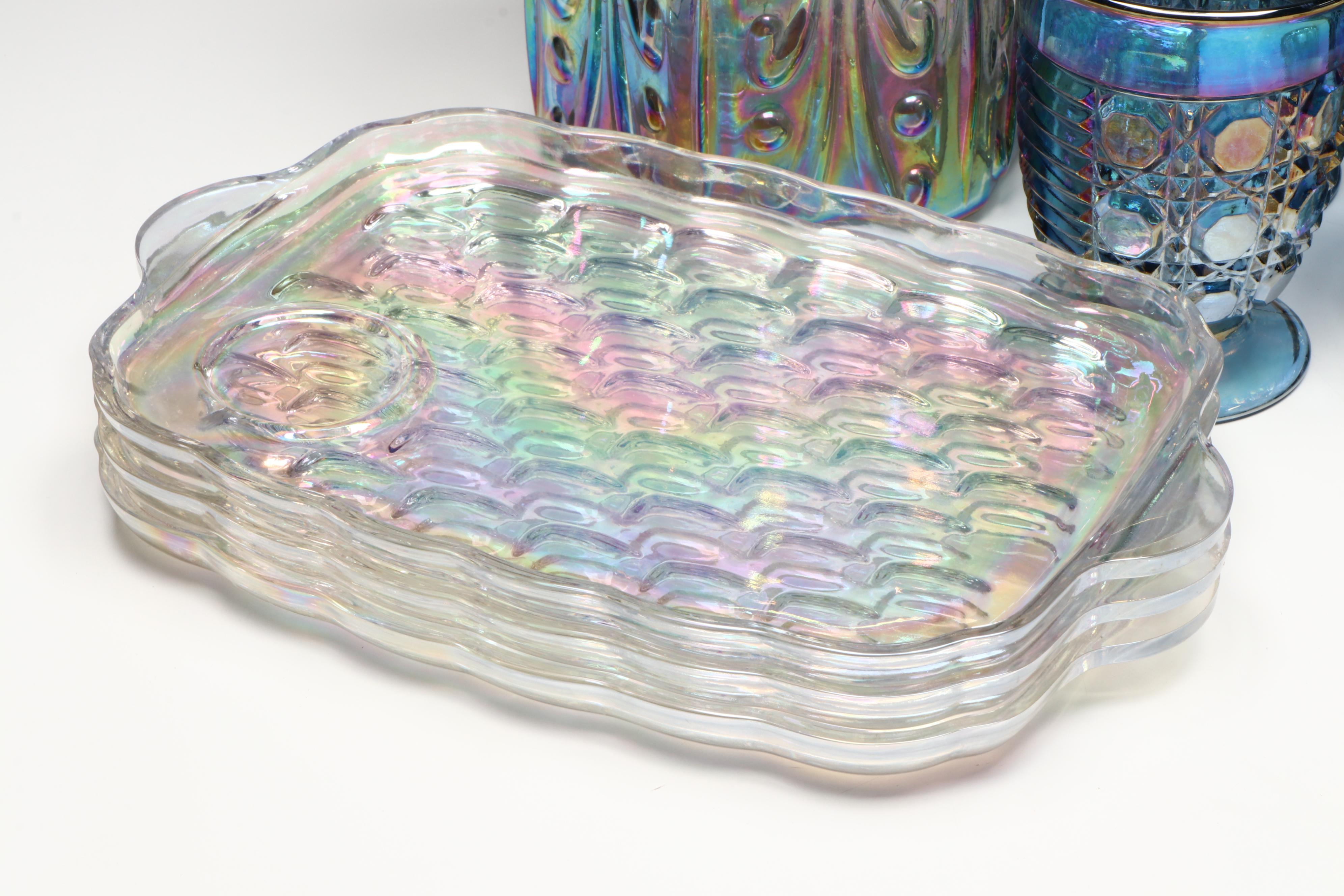 Federal "Colonial" Iridescent Snack Plates with Juice Glasses and More Glassware