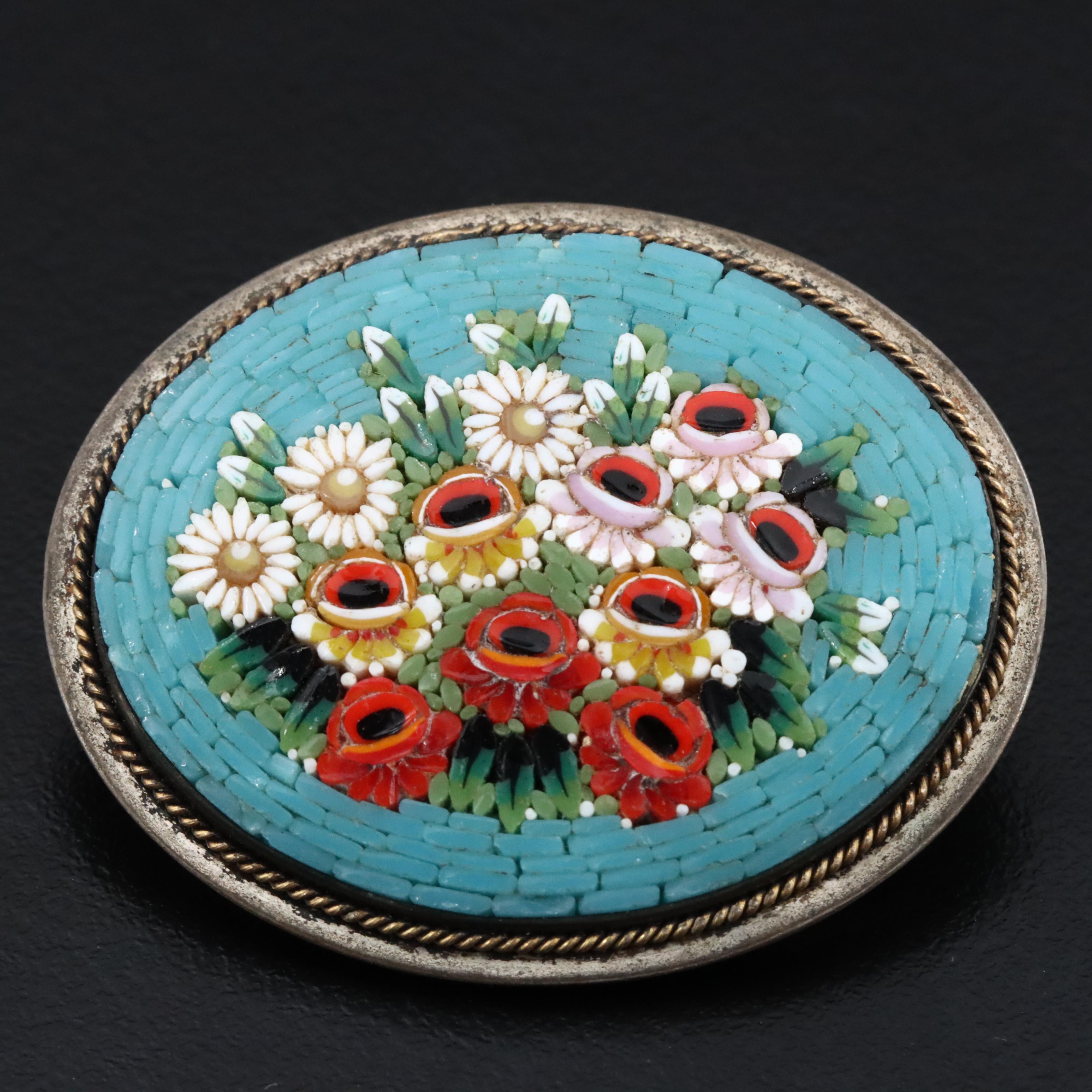 Vintage 800 Silver Micromosaic Brooch