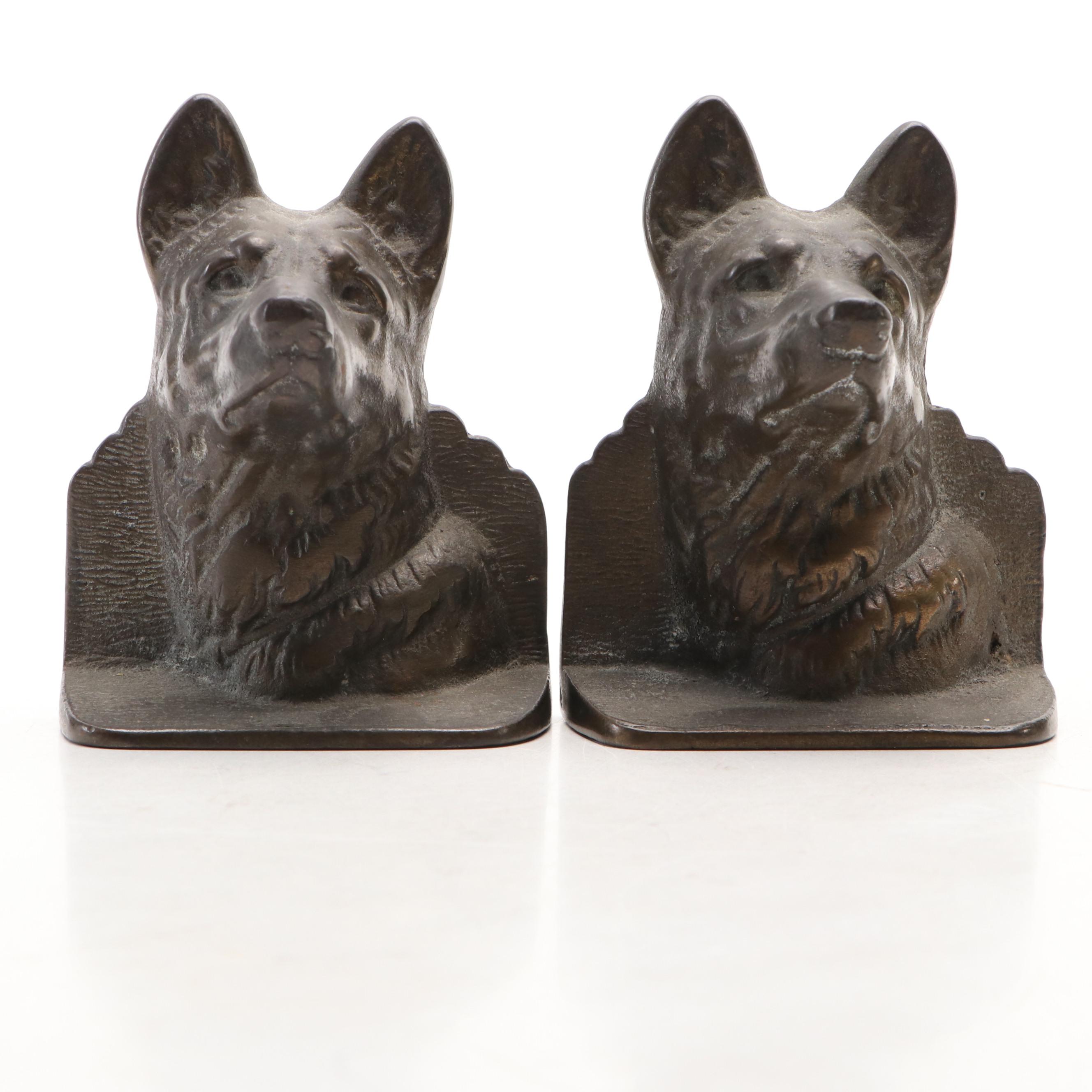 German Shepherd Dog Profile Bronzed Metal Bookends, Early/Mid-20th Century