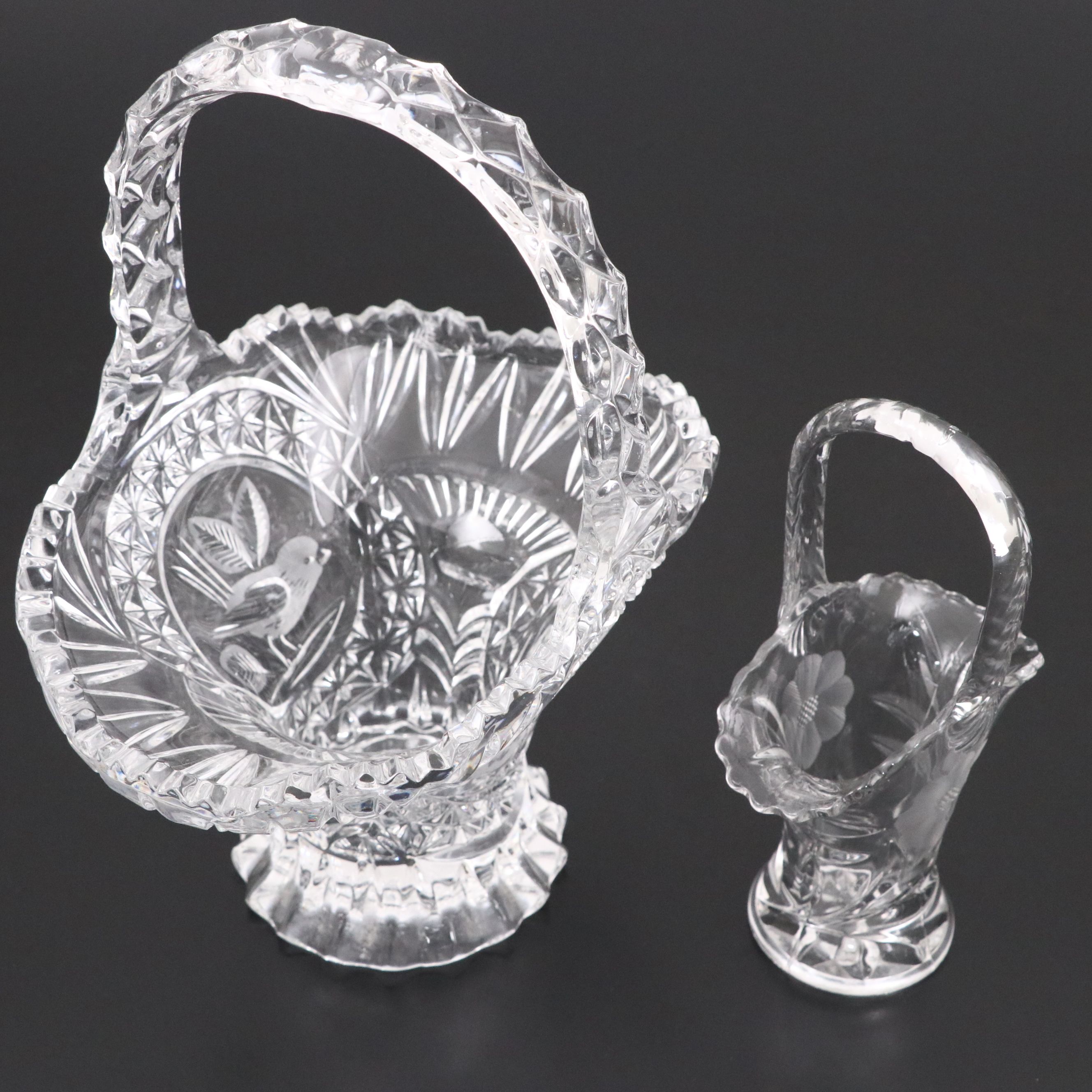 Duncan & Miller with Hofbauer Glass Cut and Etched Footed Baskets
