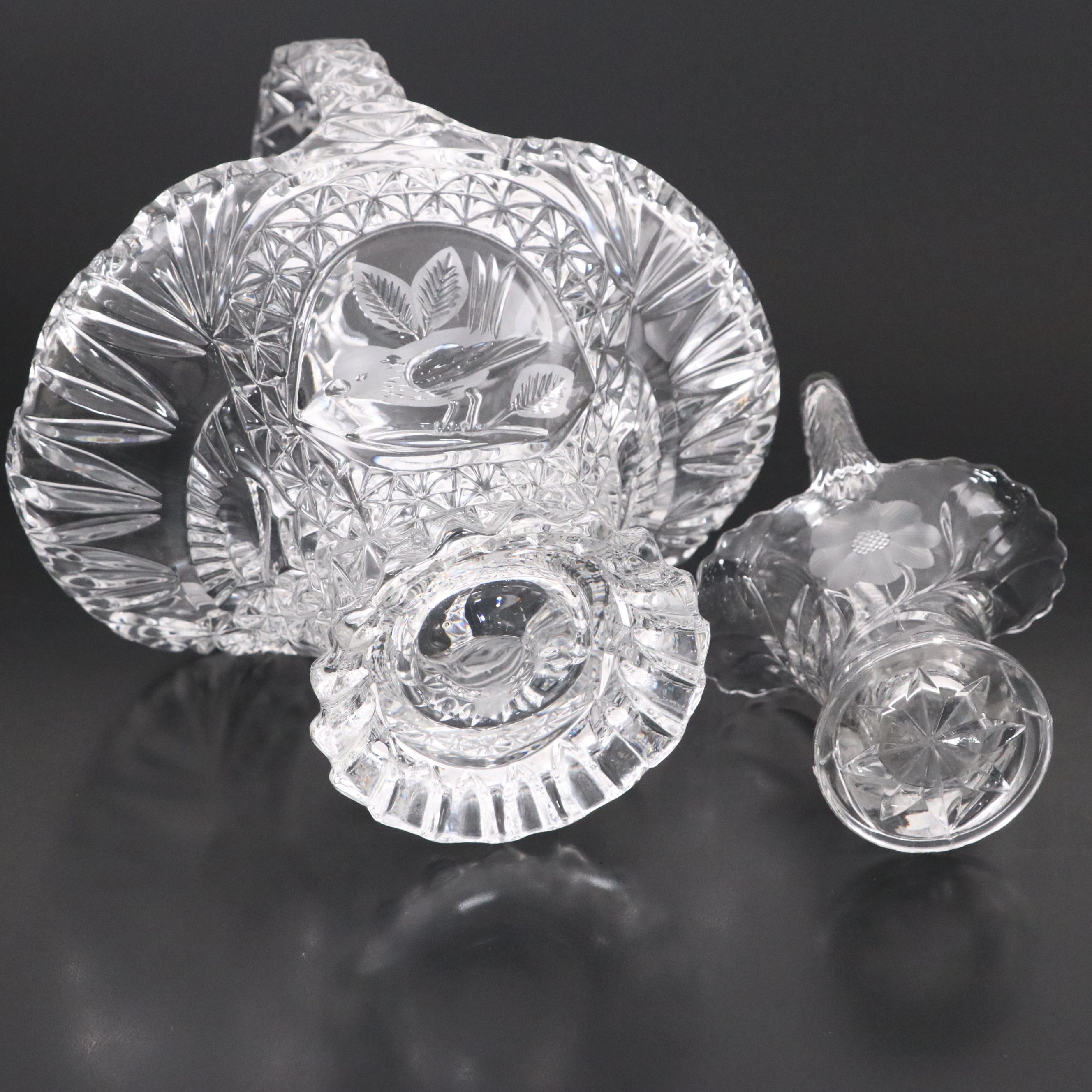 Duncan & Miller with Hofbauer Glass Cut and Etched Footed Baskets