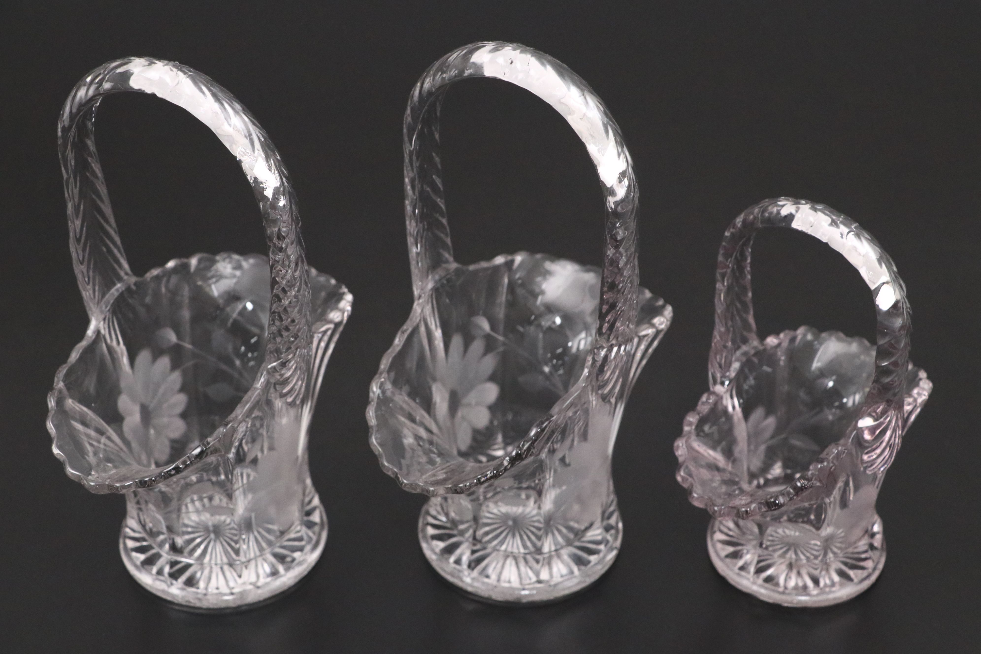 Duncan & Miller with Hofbauer Glass Cut and Etched Footed Baskets