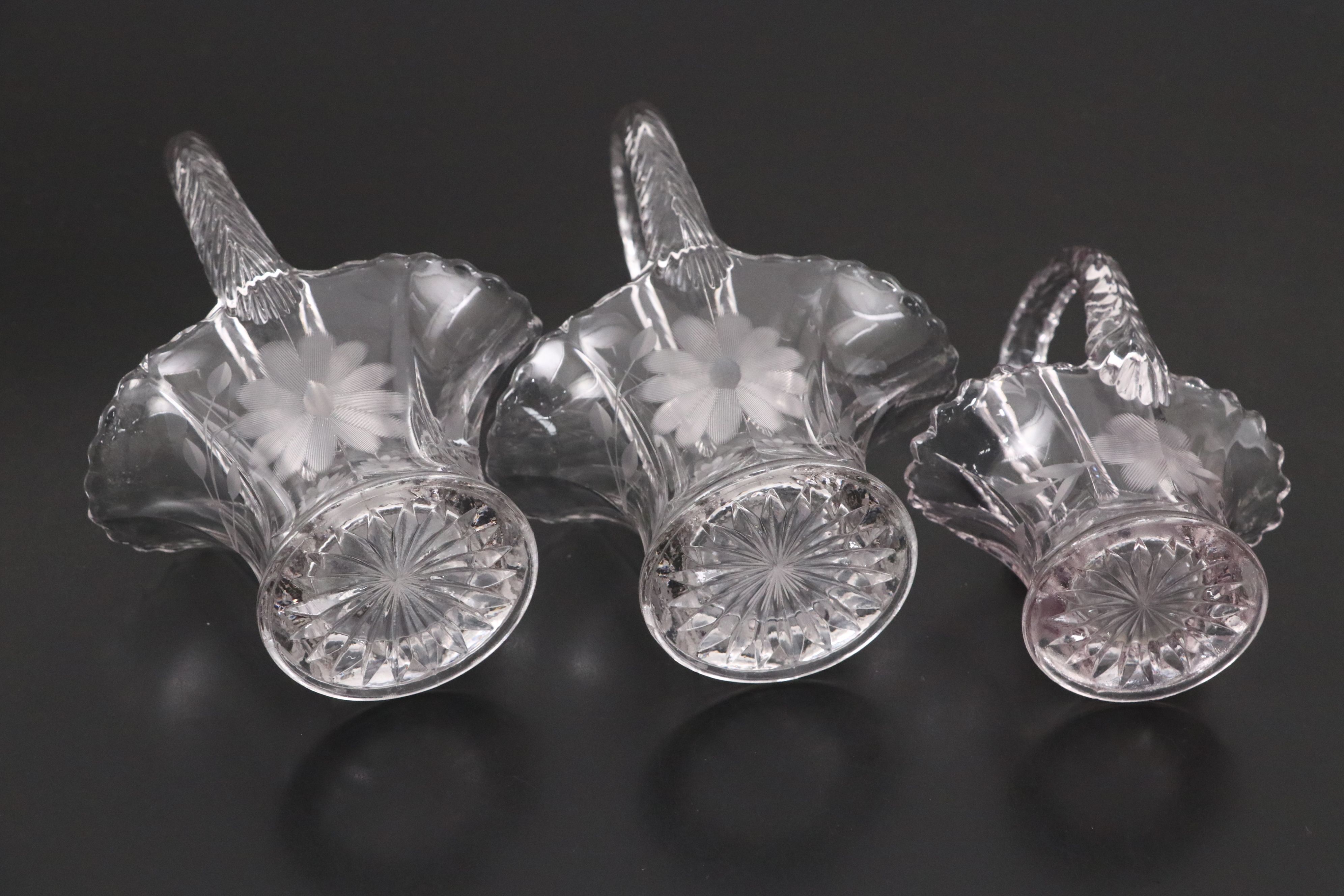 Duncan & Miller with Hofbauer Glass Cut and Etched Footed Baskets