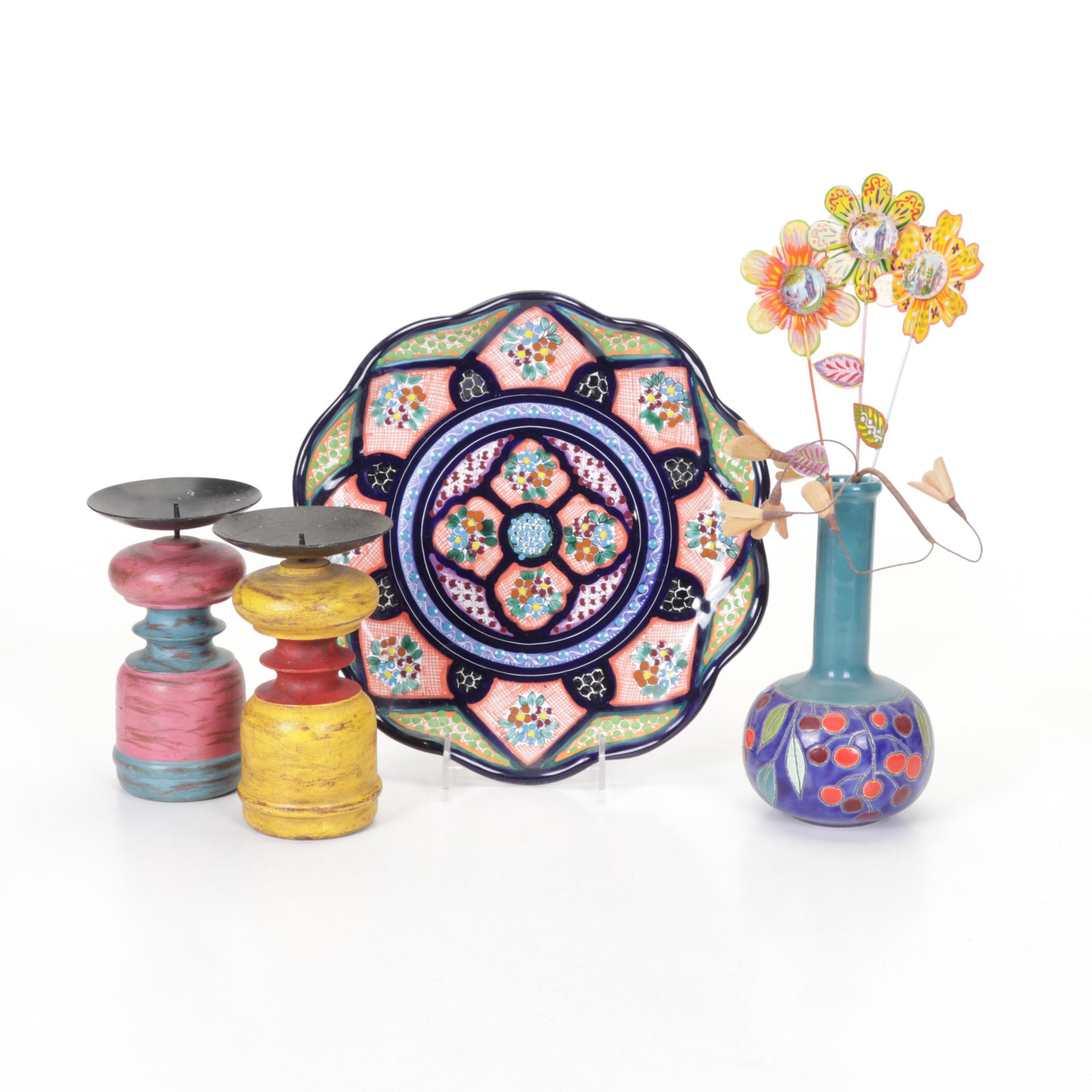 Mexican Ceramic Plate and Vase with Candle Holders and Metal Flowers
