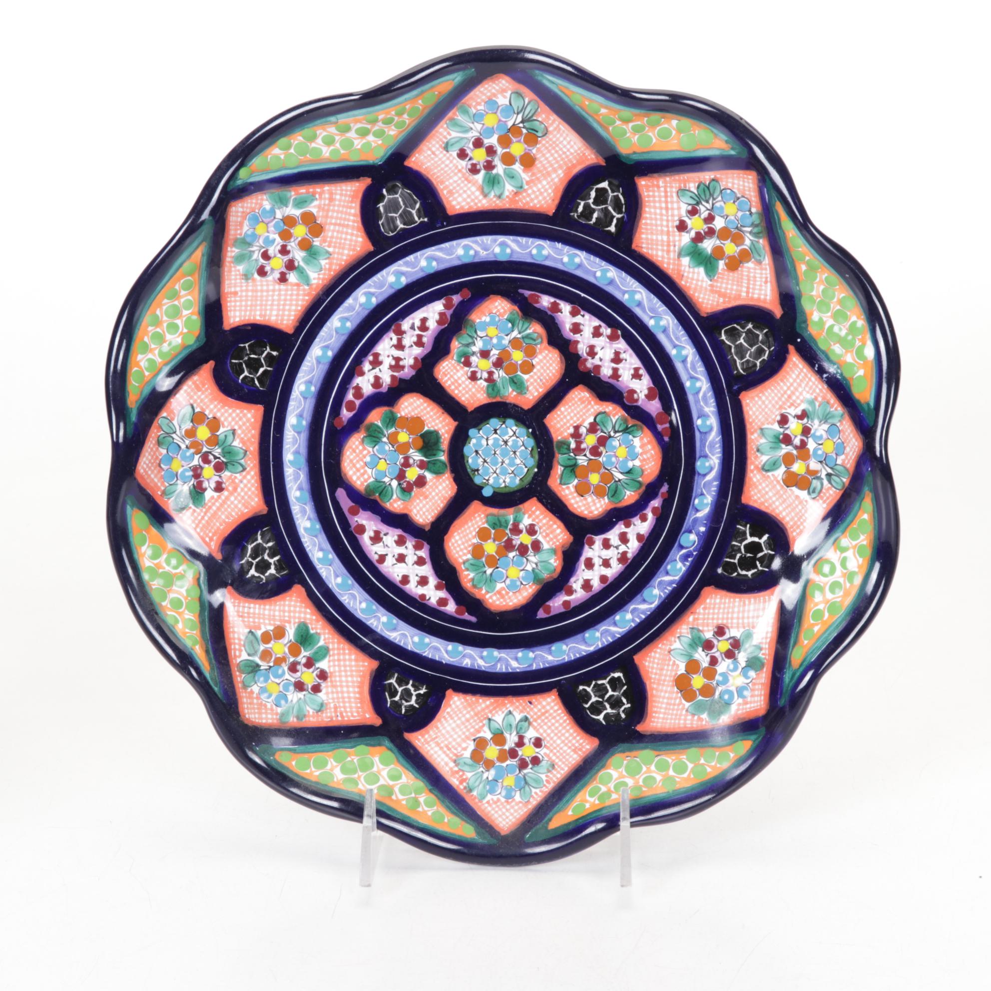 Mexican Ceramic Plate and Vase with Candle Holders and Metal Flowers