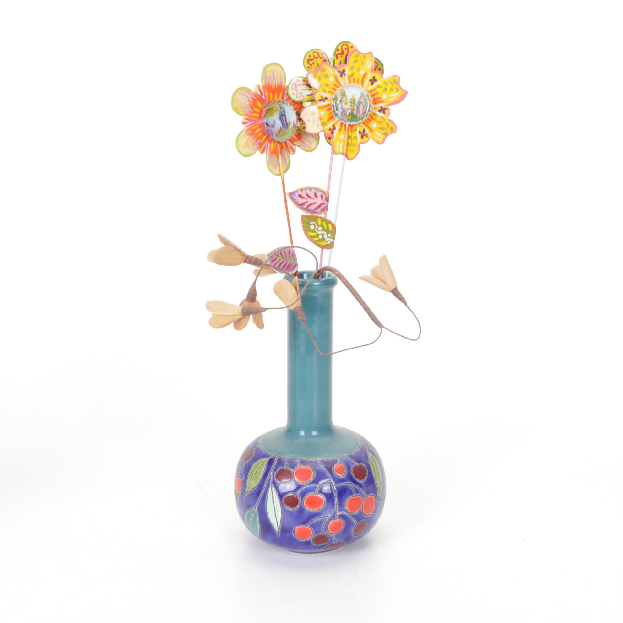 Mexican Ceramic Plate and Vase with Candle Holders and Metal Flowers