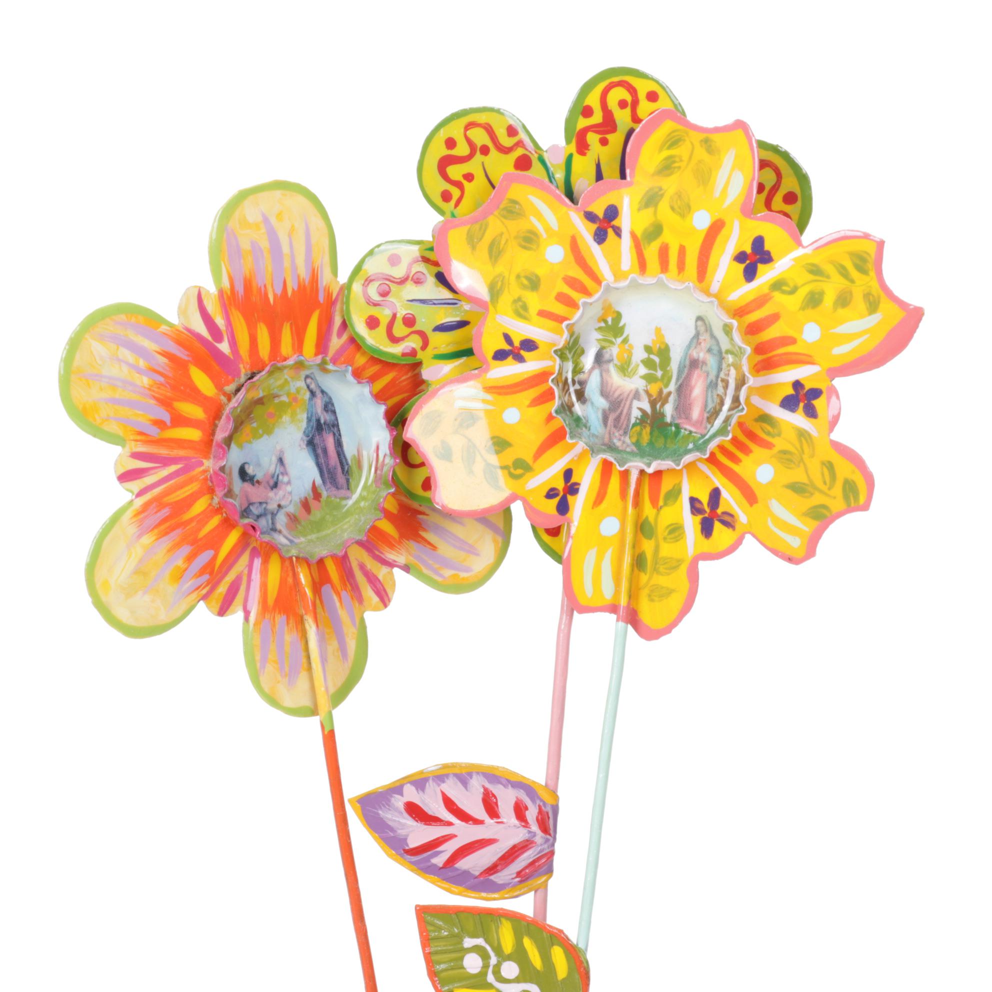 Mexican Ceramic Plate and Vase with Candle Holders and Metal Flowers