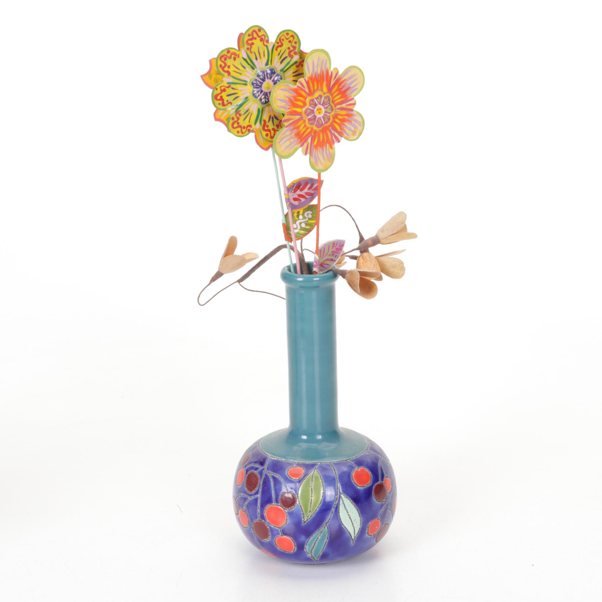 Mexican Ceramic Plate and Vase with Candle Holders and Metal Flowers