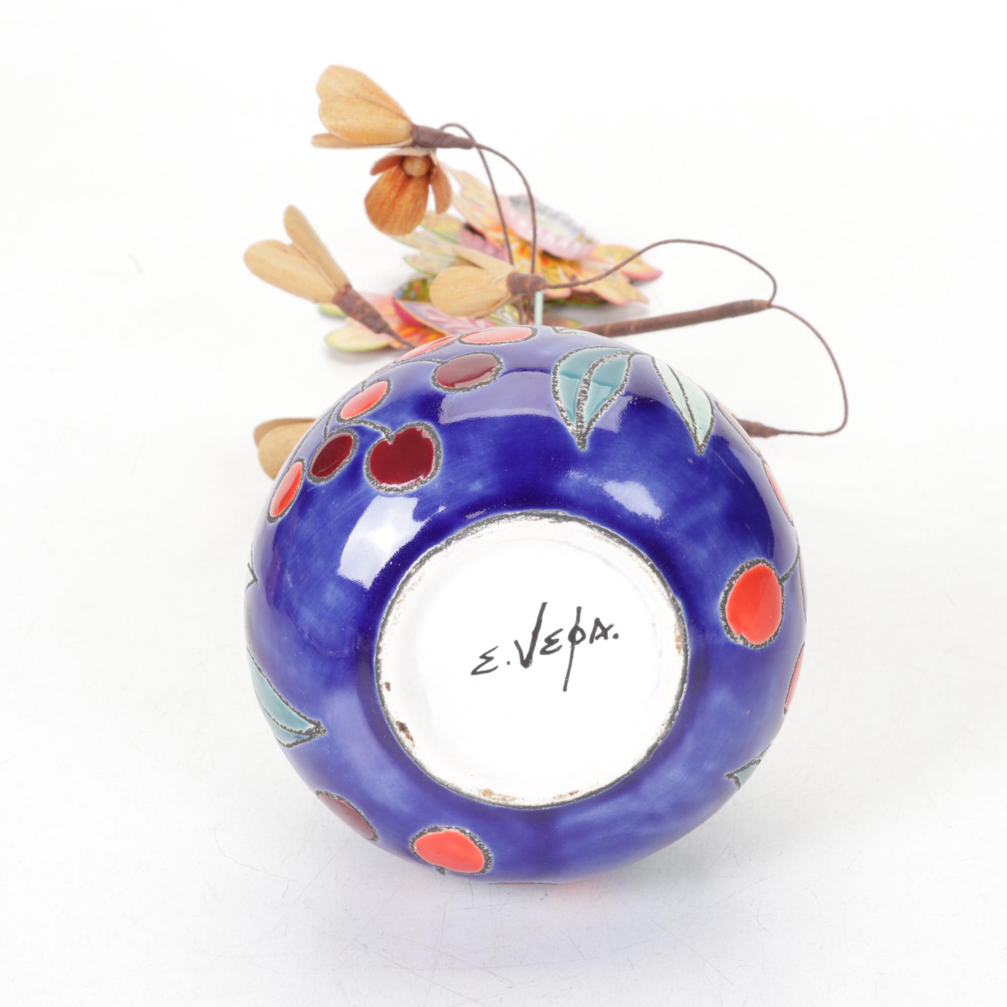 Mexican Ceramic Plate and Vase with Candle Holders and Metal Flowers