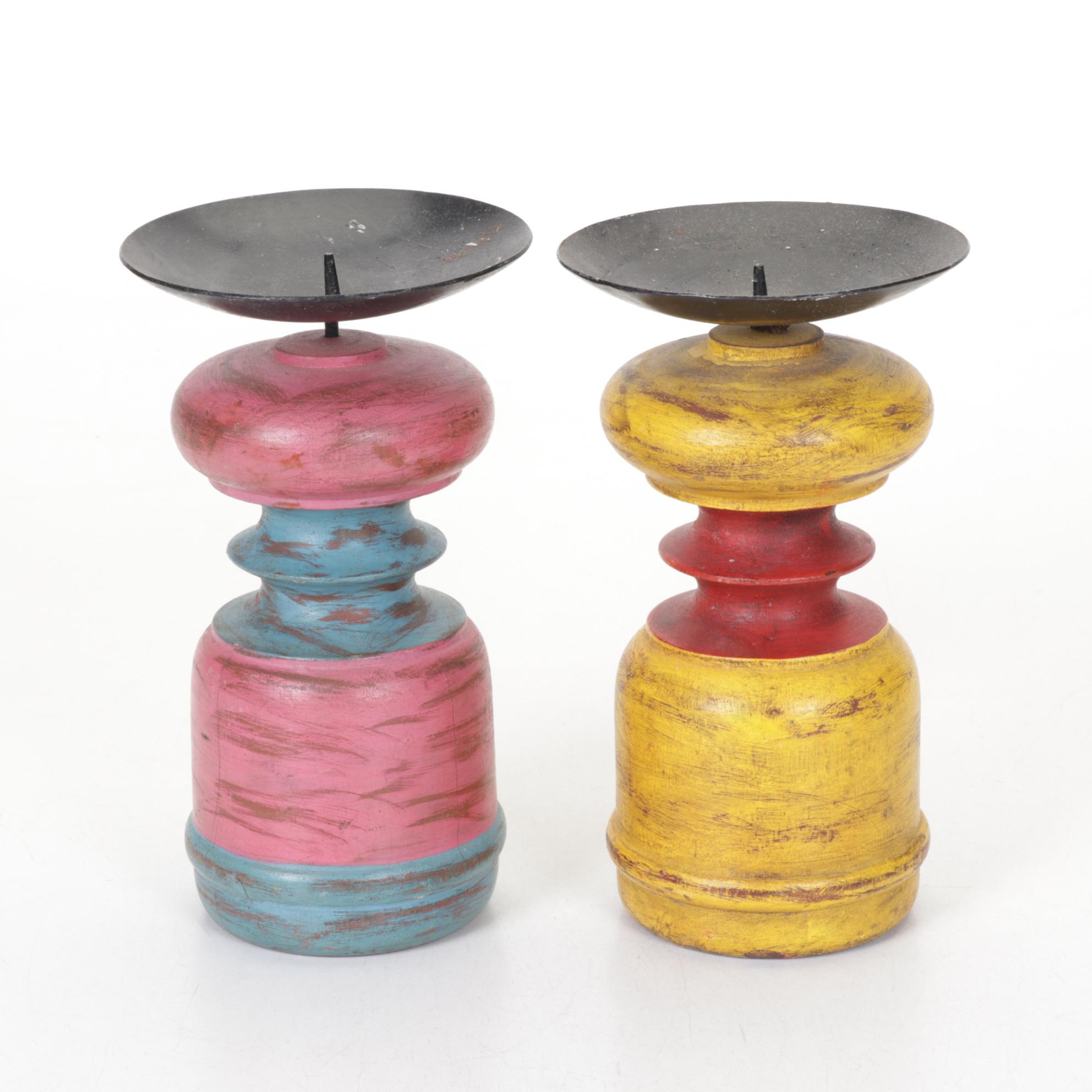 Mexican Ceramic Plate and Vase with Candle Holders and Metal Flowers