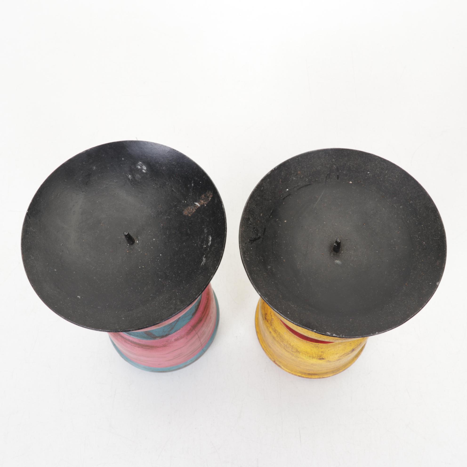 Mexican Ceramic Plate and Vase with Candle Holders and Metal Flowers