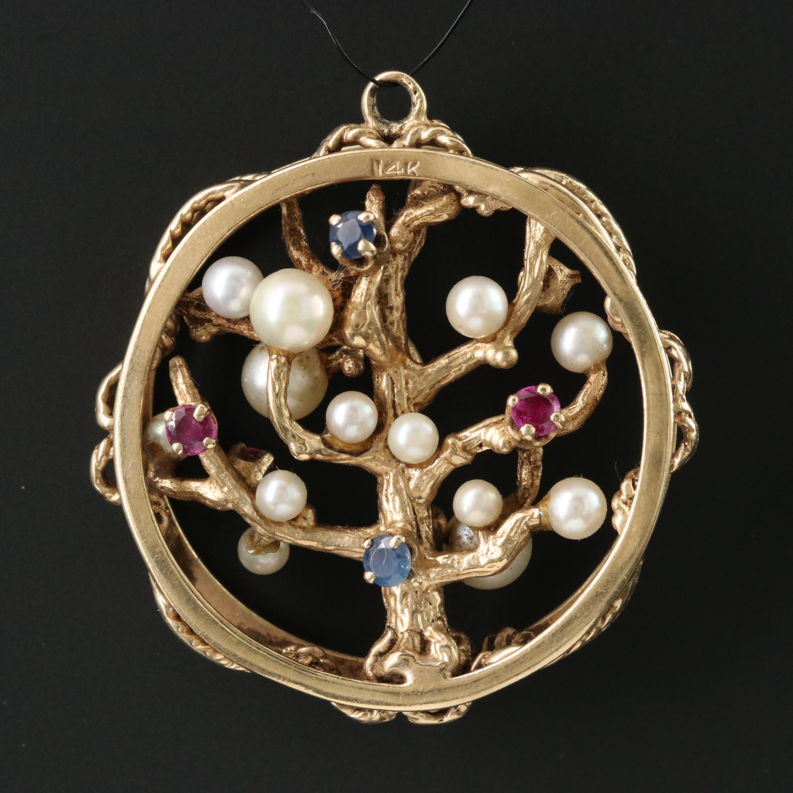Vintage 14K Pearl, Sapphire and Ruby Tree of Life Duel Sided Pendant