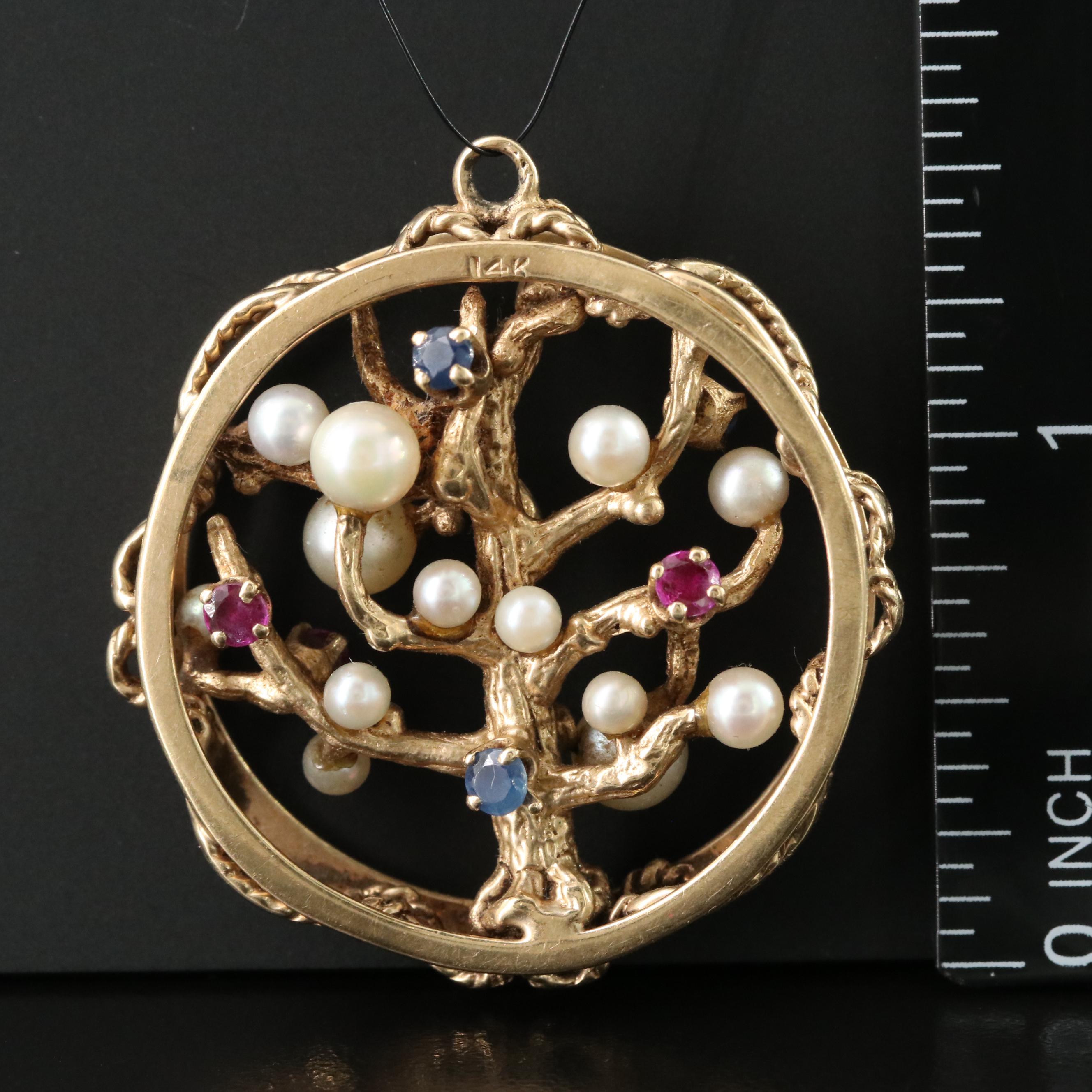 Vintage 14K Pearl, Sapphire and Ruby Tree of Life Duel Sided Pendant