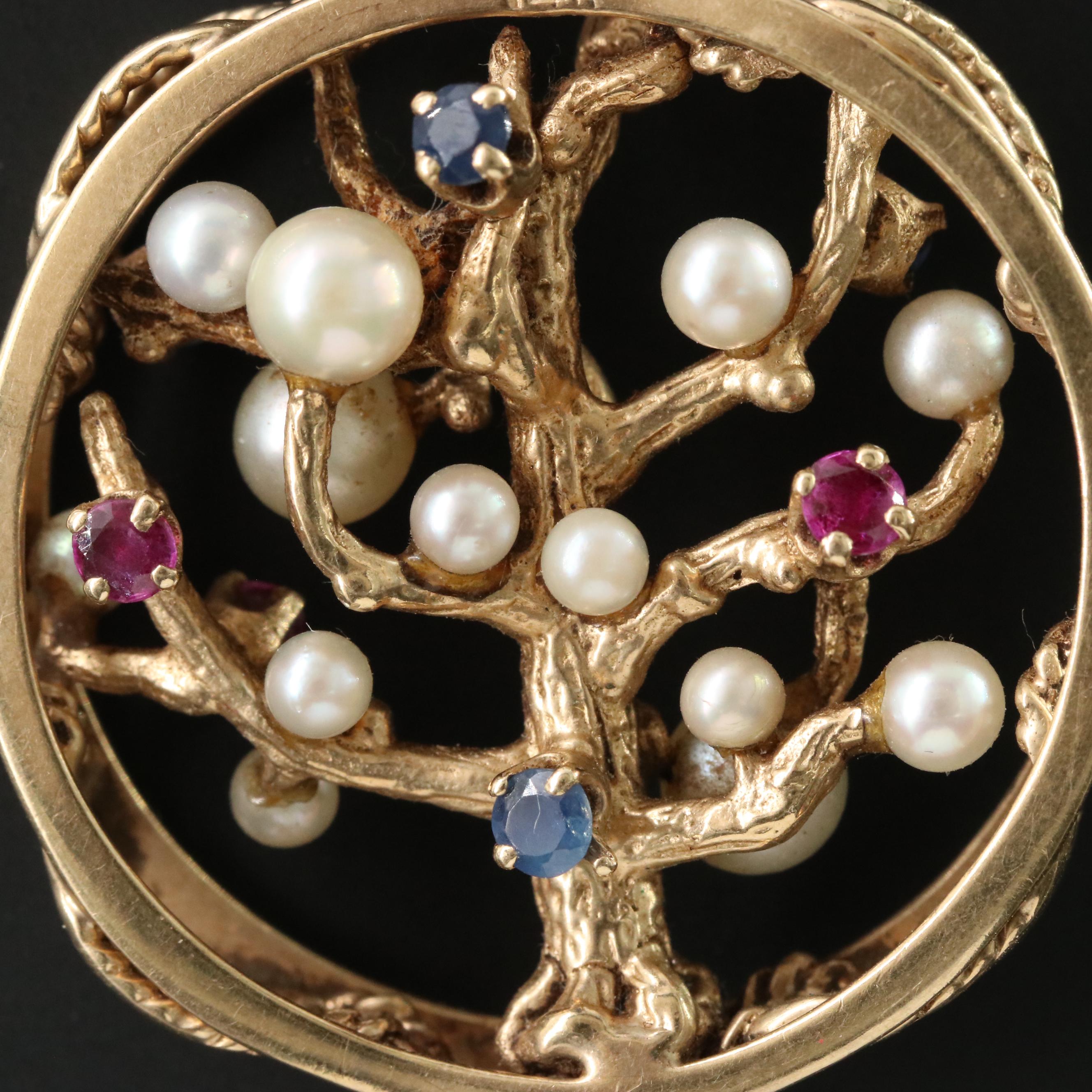 Vintage 14K Pearl, Sapphire and Ruby Tree of Life Duel Sided Pendant