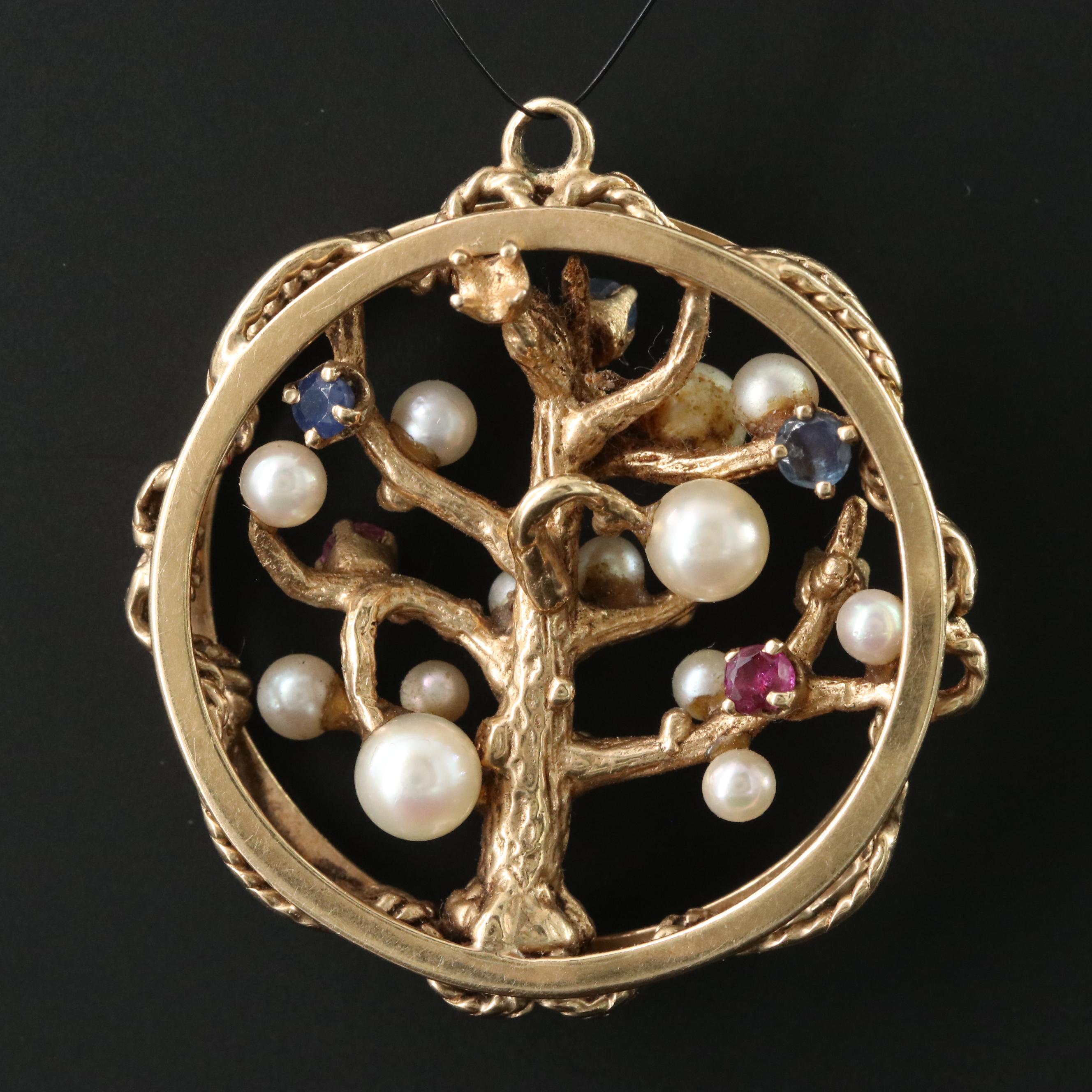 Vintage 14K Pearl, Sapphire and Ruby Tree of Life Duel Sided Pendant