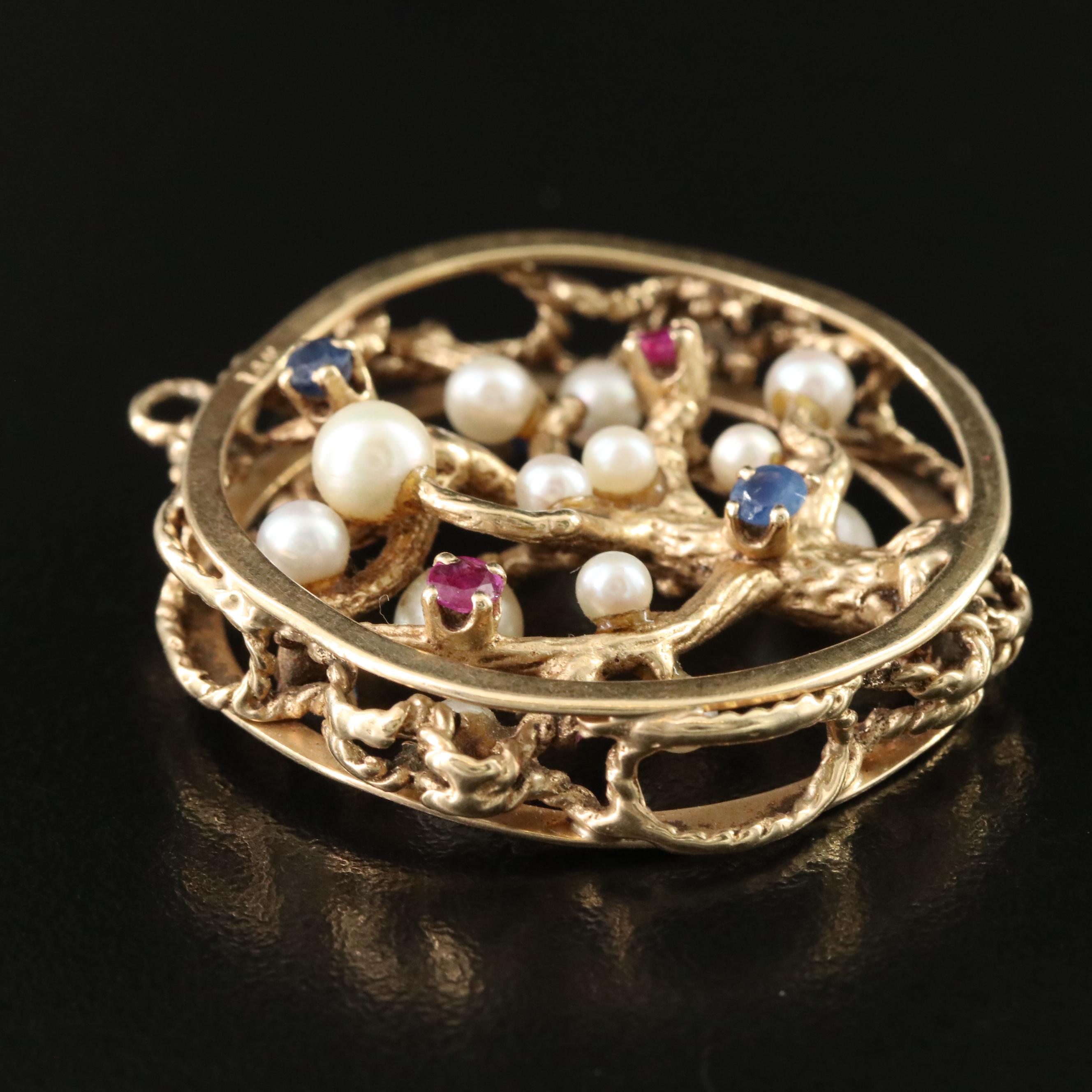 Vintage 14K Pearl, Sapphire and Ruby Tree of Life Duel Sided Pendant