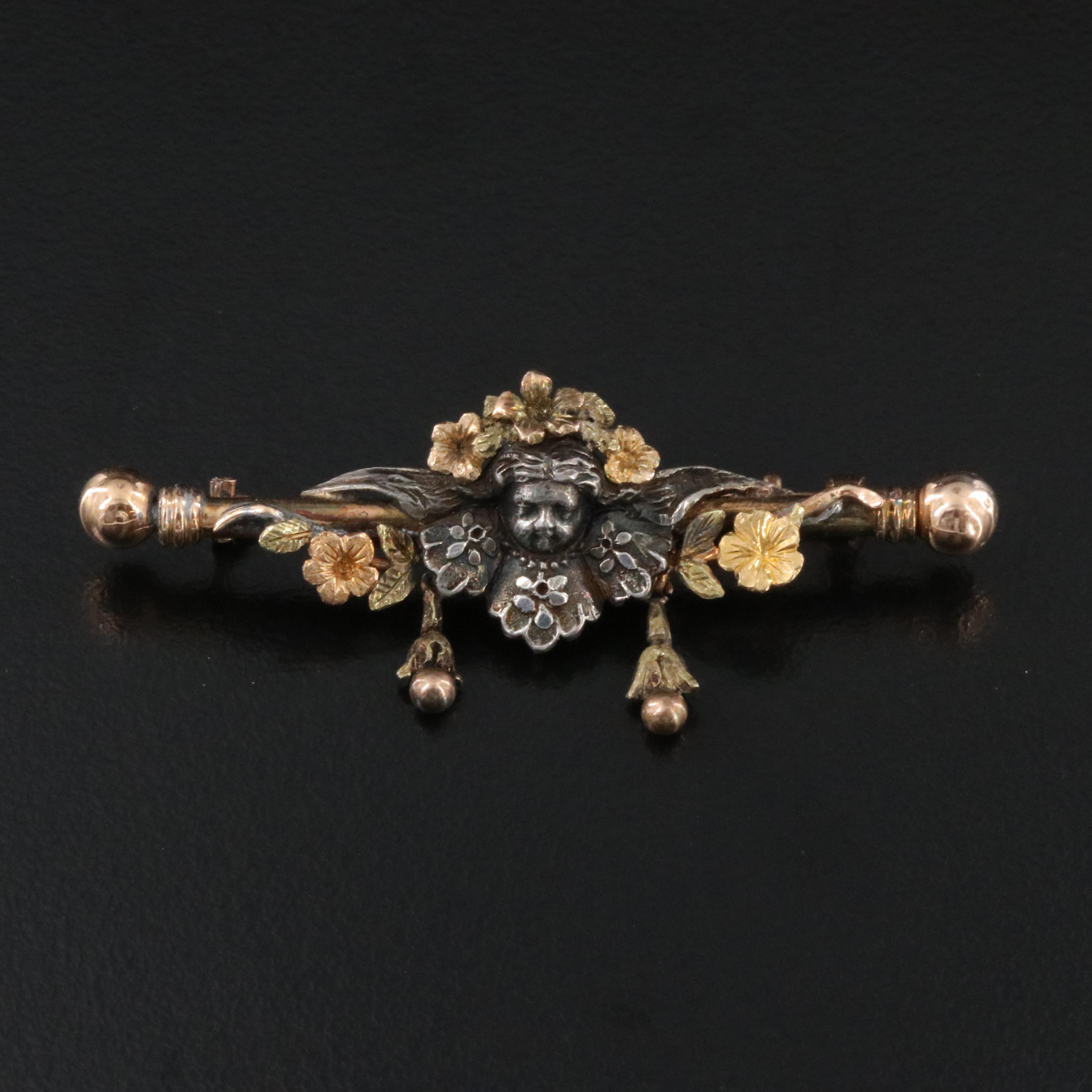 Antique 14K and 900 Silver Putto Bar Pin with Green Gold Accents